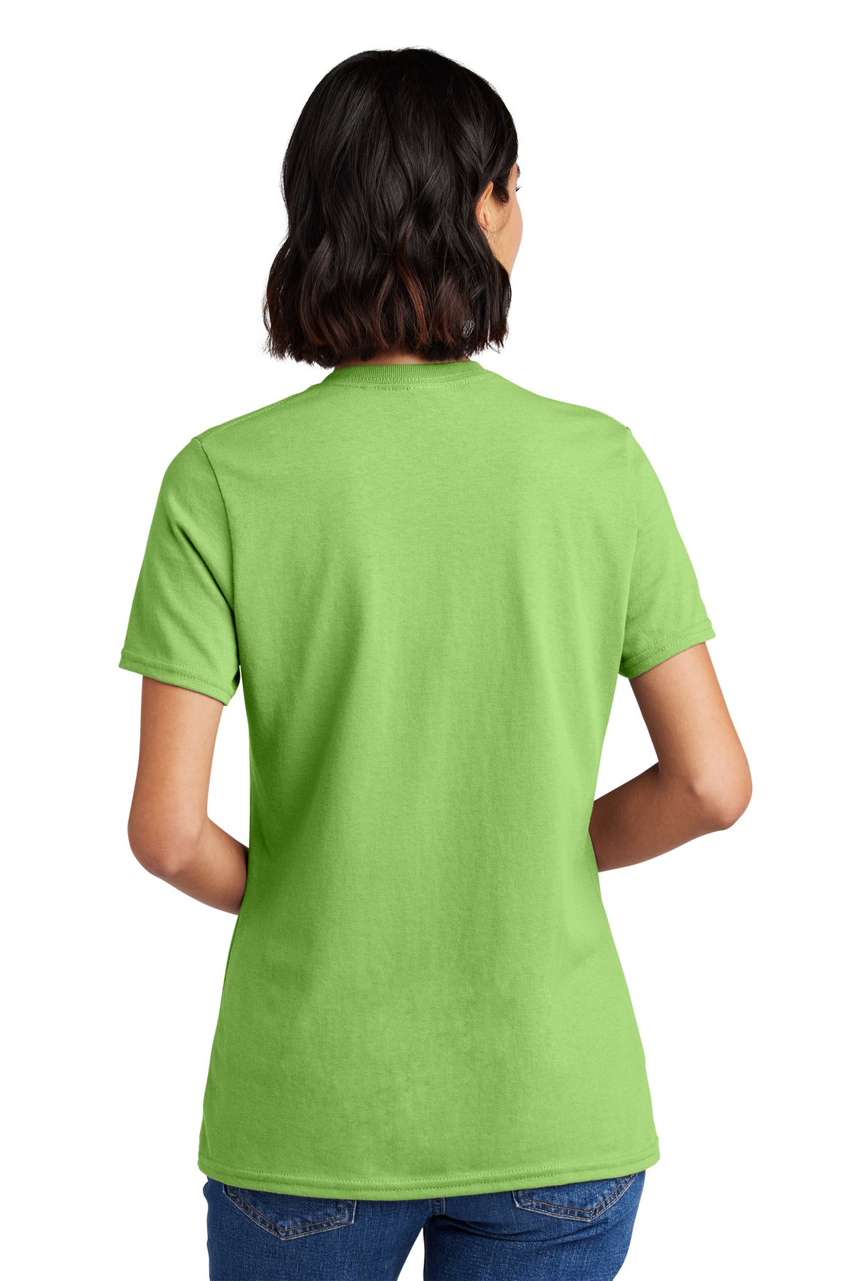 Rear View of Lime Port & Co Women's Core Cotton V-Neck Tee. LPC54V plain