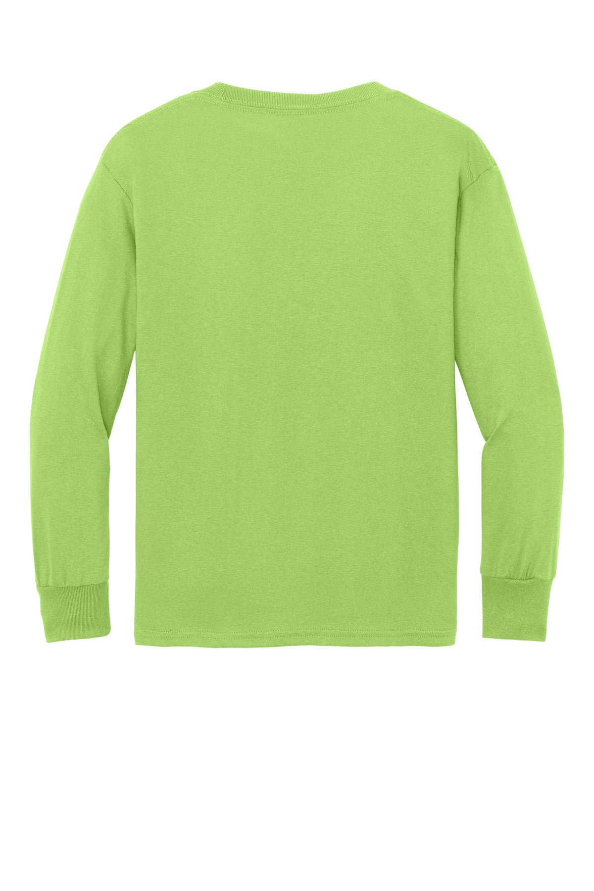 Rear View of Lime Port & Co Youth Long Sleeve Core Cotton Tee. PC54YLS plain