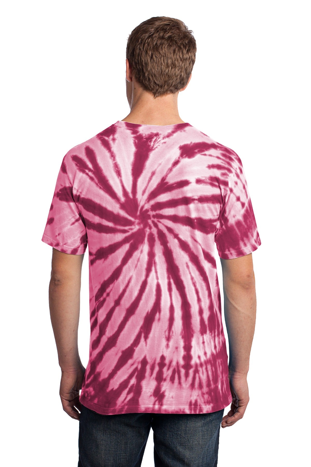 Rear View of Maroon Port & Co Tie-Dye Tee. PC147 plain