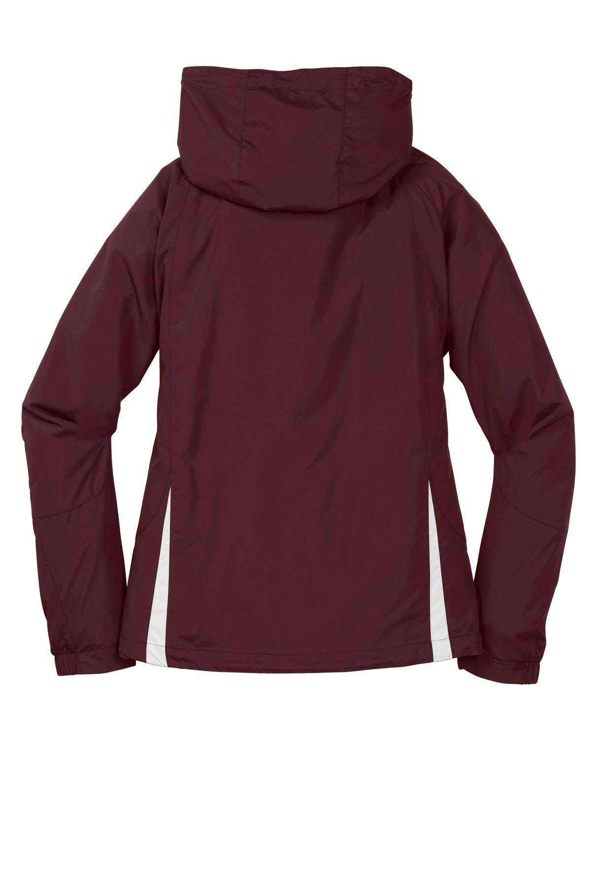 Rear View of Maroon/White Sport-Tek Women's Colorblock Hooded Raglan Jacket. LST76 plain