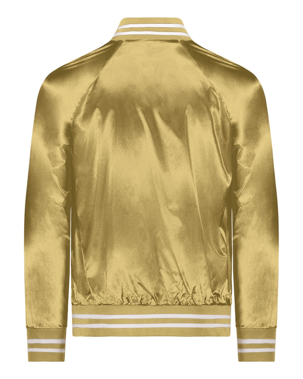 Rear View of Metallic Gold/ White Satin Baseball Jacket Striped Trim - 3610 plain