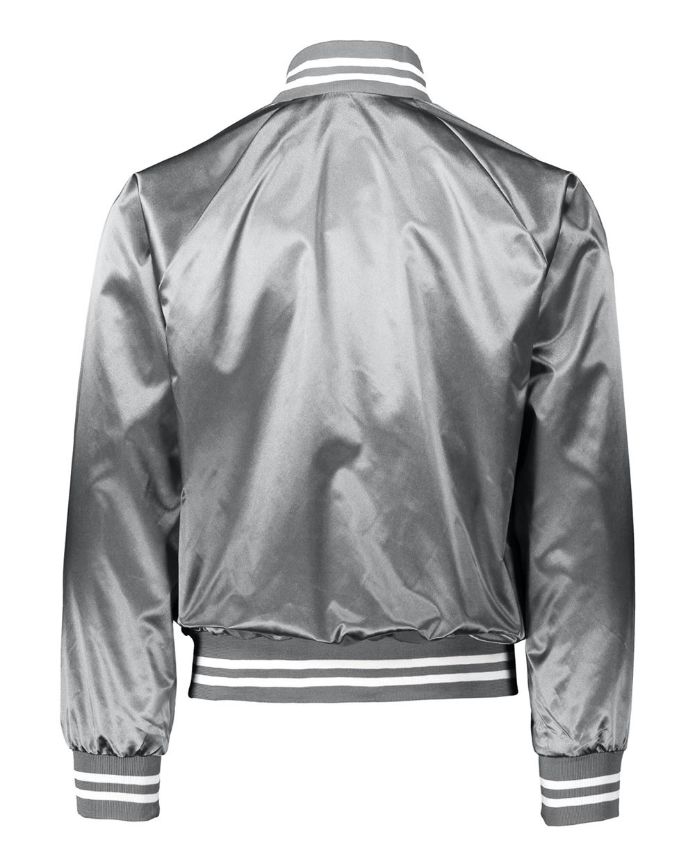 Rear View of Metallic Silver/ White Satin Baseball Jacket Striped Trim - 3610