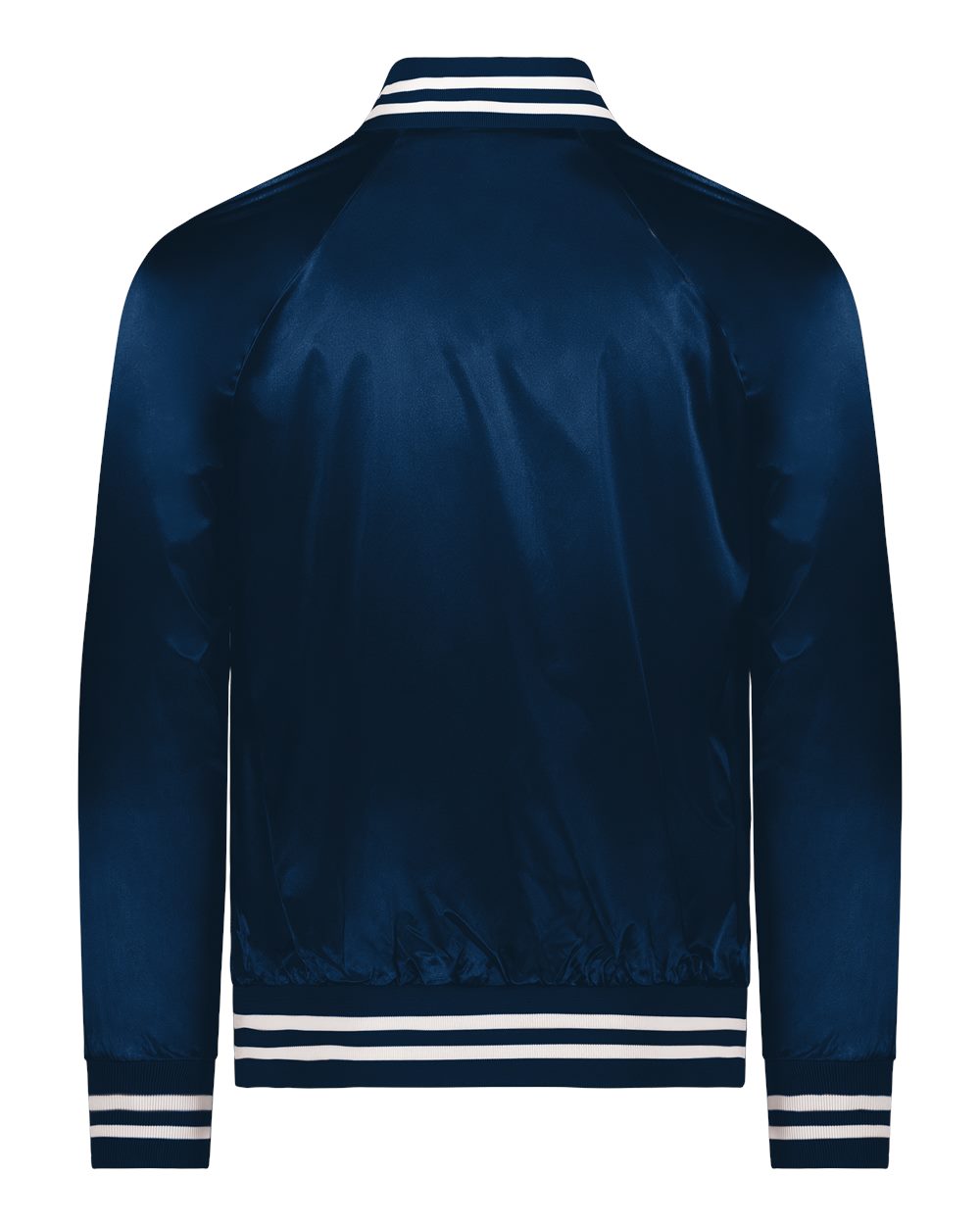 Rear View of Navy/ White Satin Baseball Jacket Striped Trim - 3610 plain