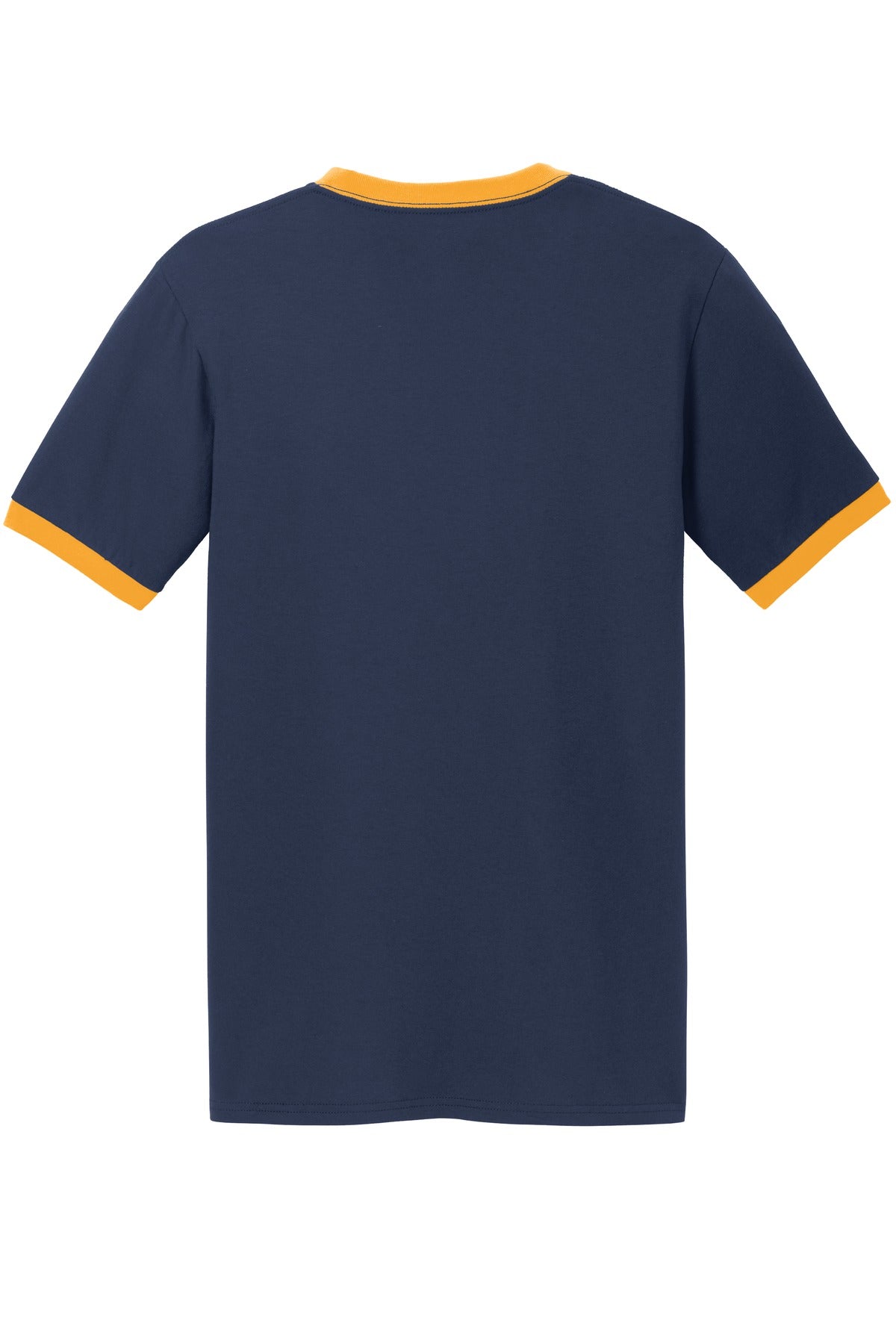 Rear View of Navy/Gold Port & Co Core Cotton Ringer Tee. PC54R plain
