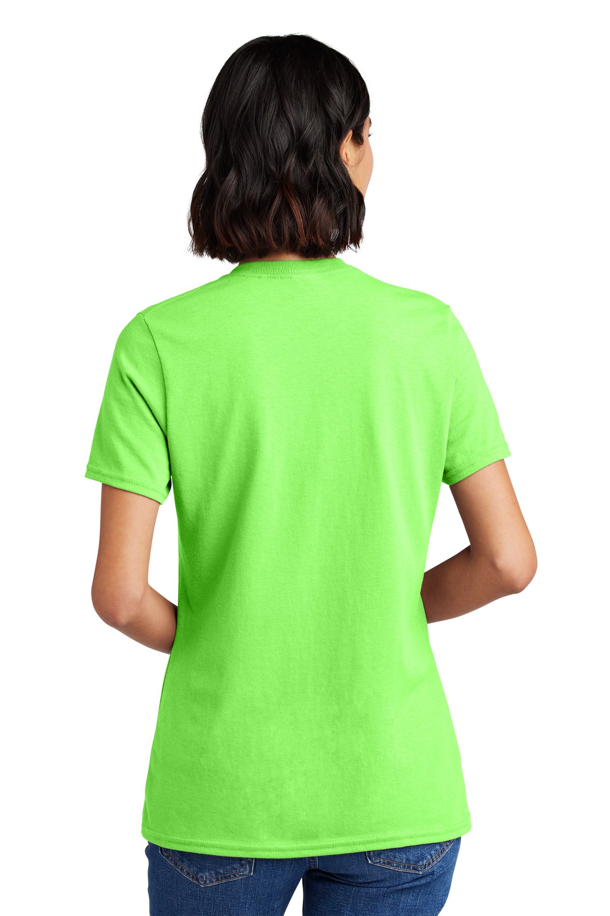 Rear View of Neon Green Port & Co Women's Core Cotton V-Neck Tee. LPC54V plain