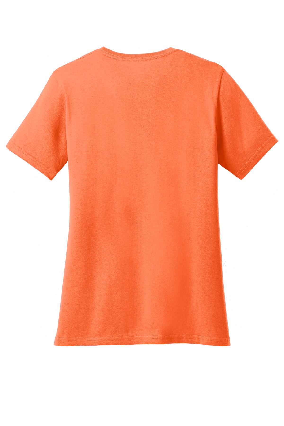 Rear View of Neon Orange Port & Co Women's Core Cotton V-Neck Tee. LPC54V plain