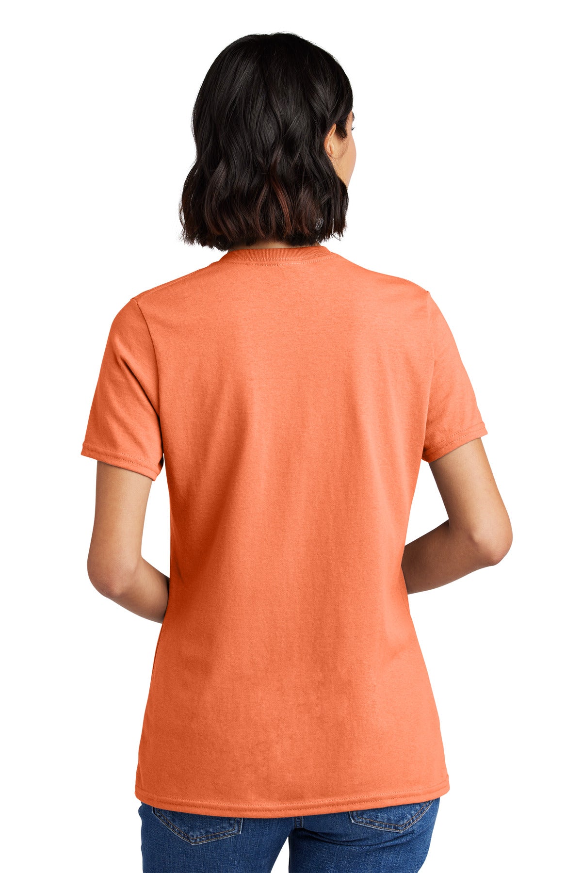 Rear View of Neon Orange Port & Co Women's Core Cotton V-Neck Tee. LPC54V plain