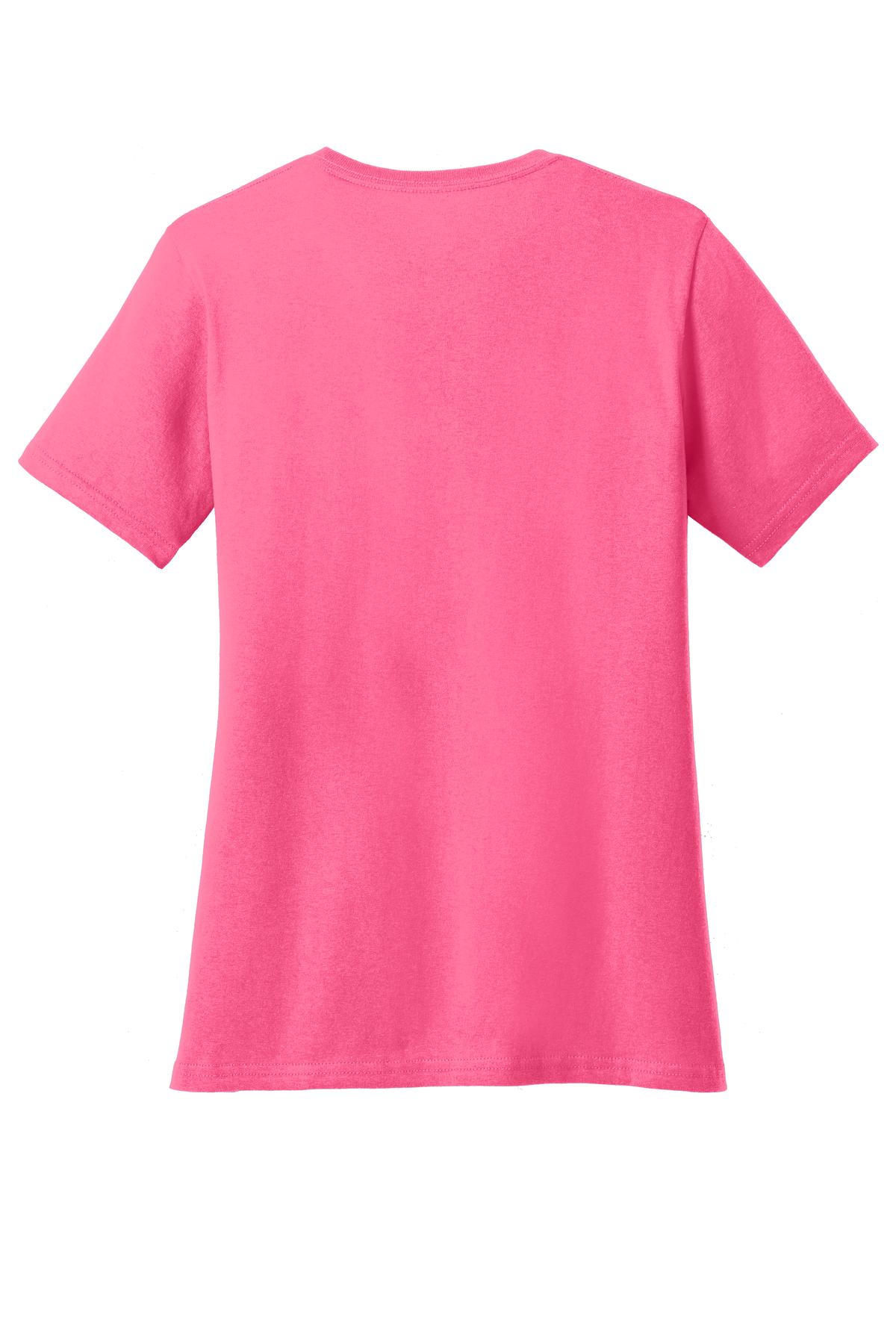 Rear View of Neon Pink Port & Co Women's Core Cotton V-Neck Tee. LPC54V plain