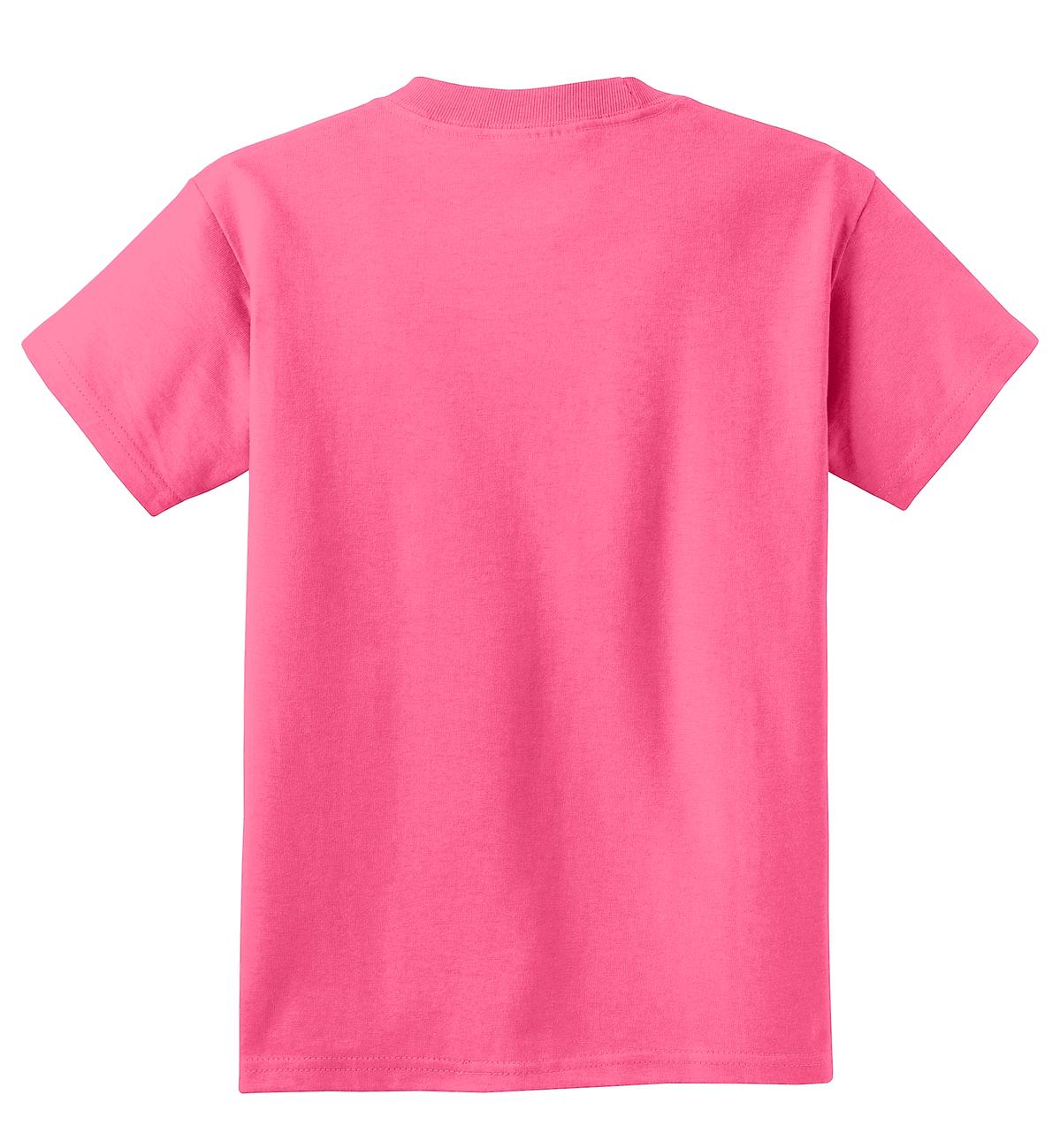 Rear View of Neon Pink Port & Co Youth Core Cotton Tee. PC54Y plain