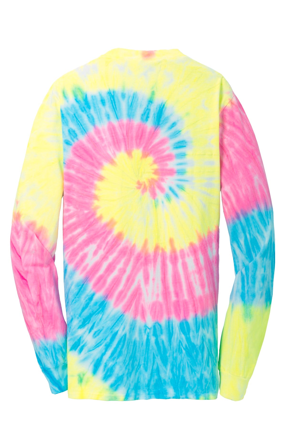 Rear View of Neon Rainbow Port & Co Tie-Dye Long Sleeve Tee. PC147LS plain