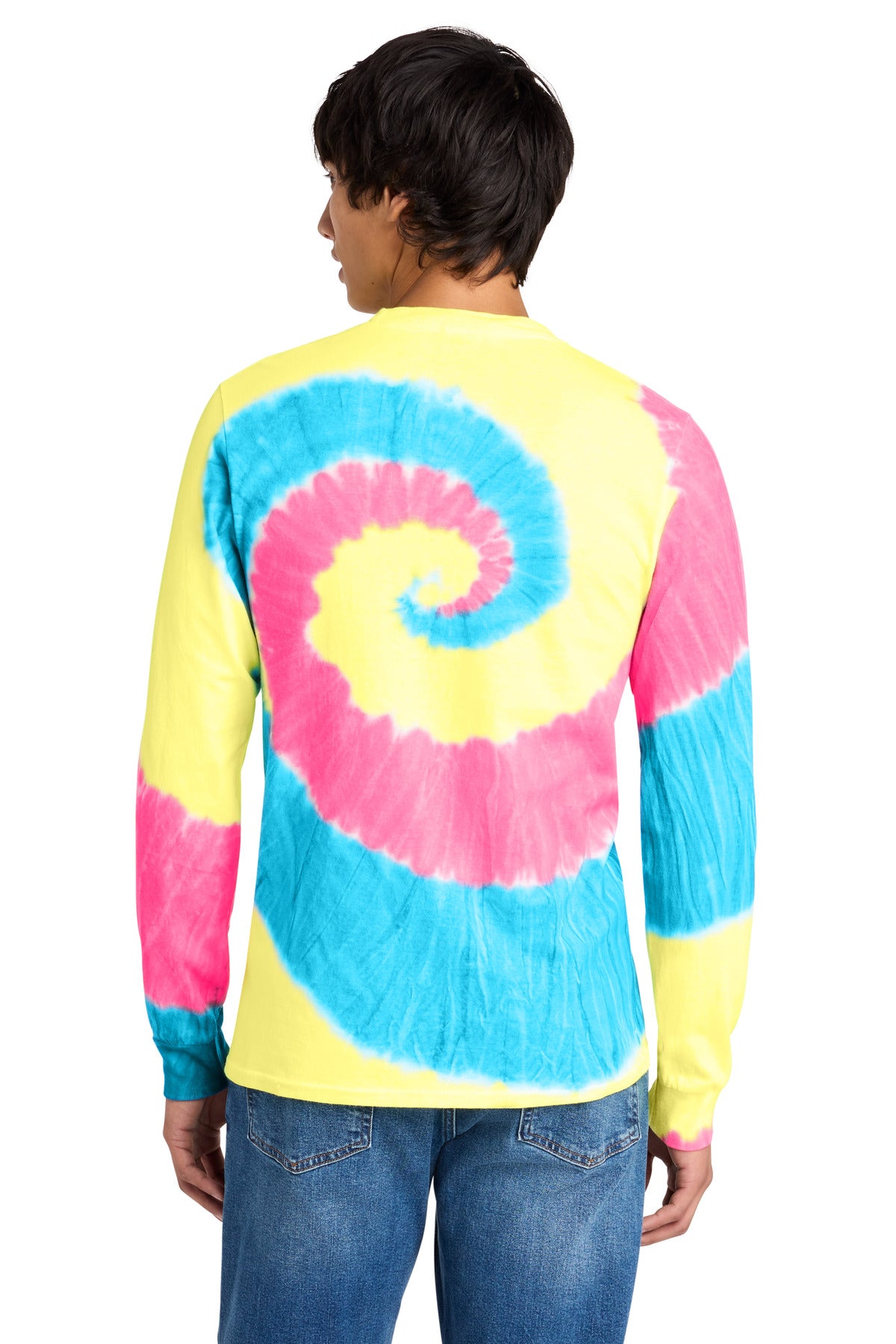 Rear View of Neon Rainbow Port & Co Tie-Dye Long Sleeve Tee. PC147LS plain