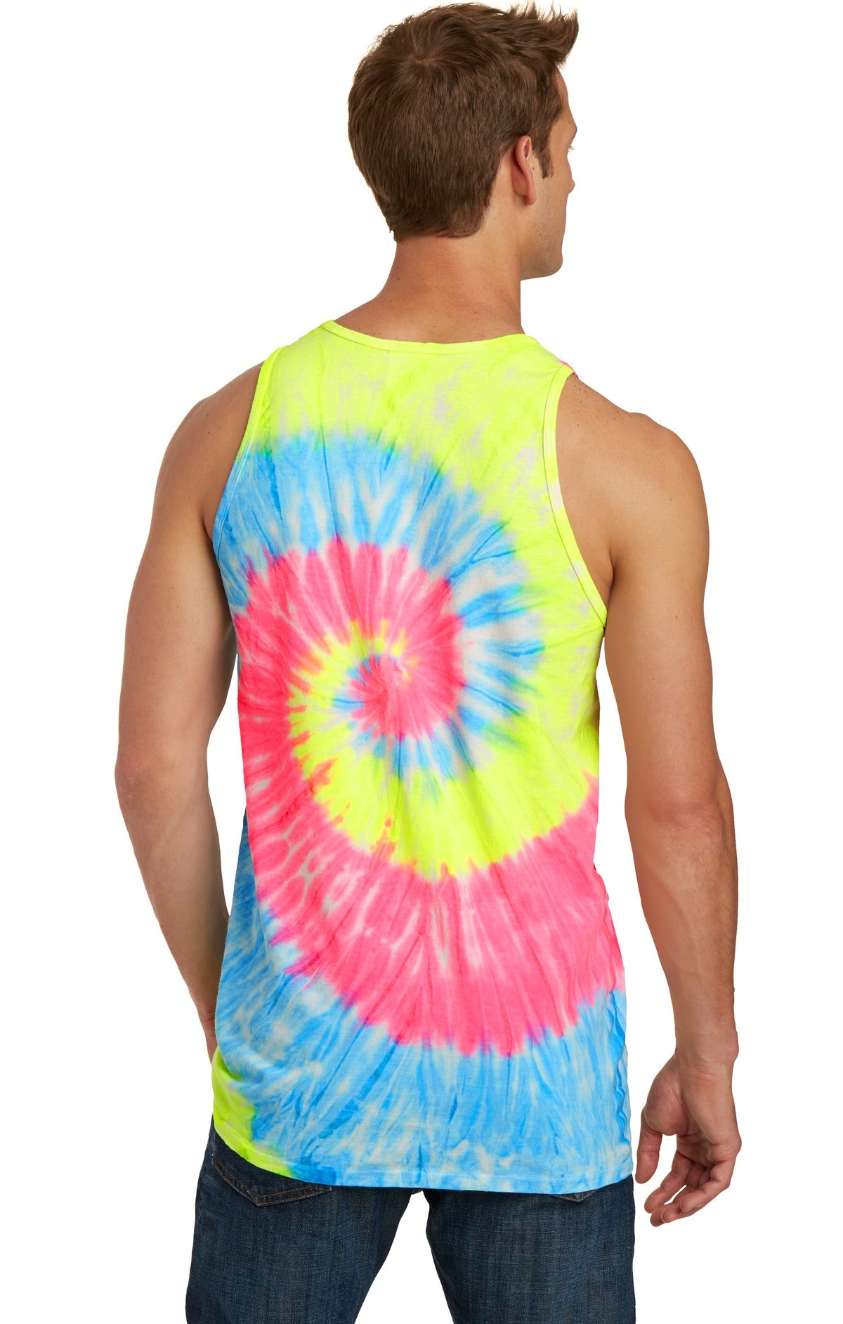 Rear View of Neon Rainbow Port & Co Tie-Dye Tank Top. PC147TT plain
