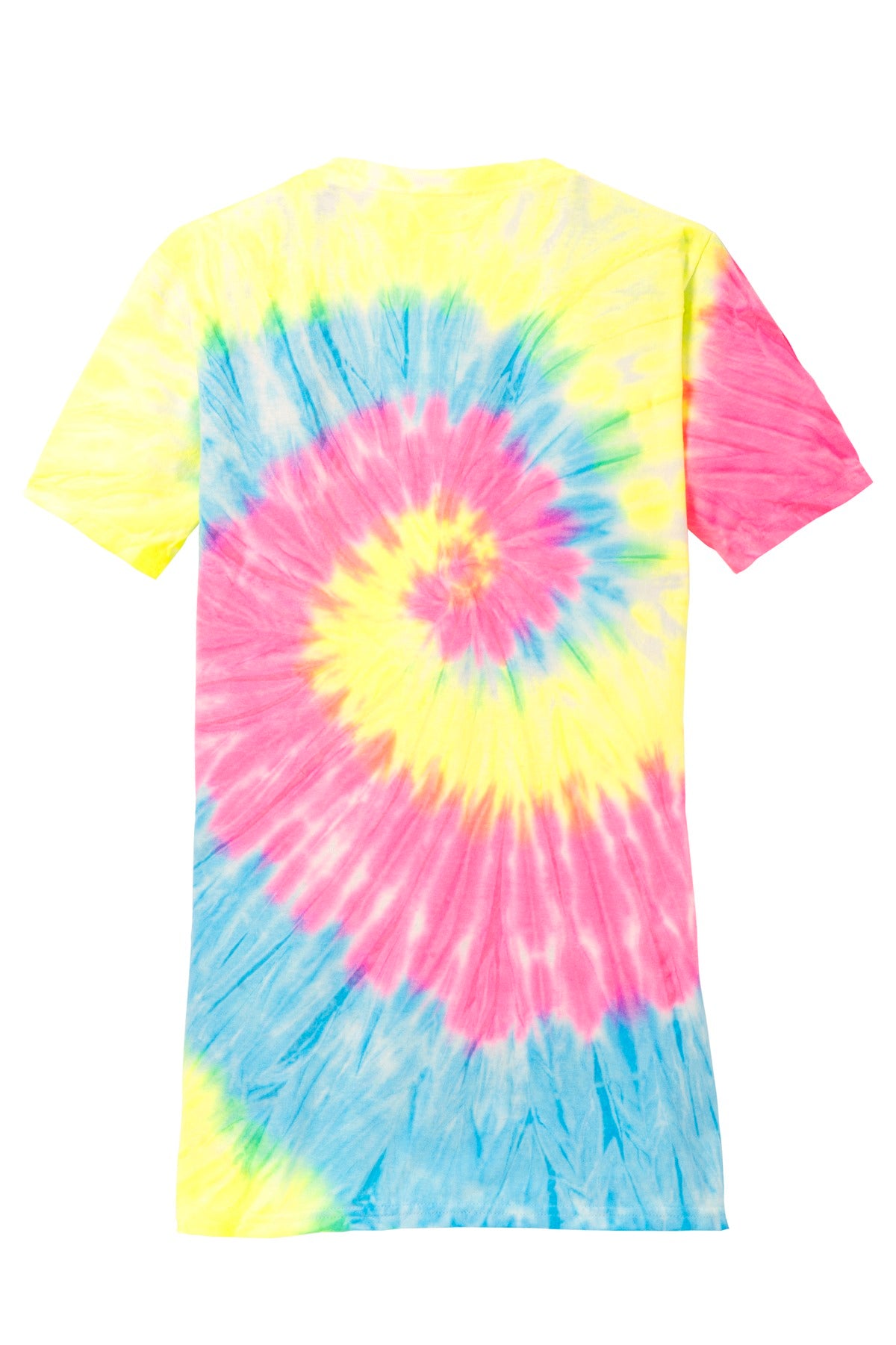 Rear View of Neon Rainbow Port & Co Women's Tie-Dye V-Neck Tee. LPC147V plain