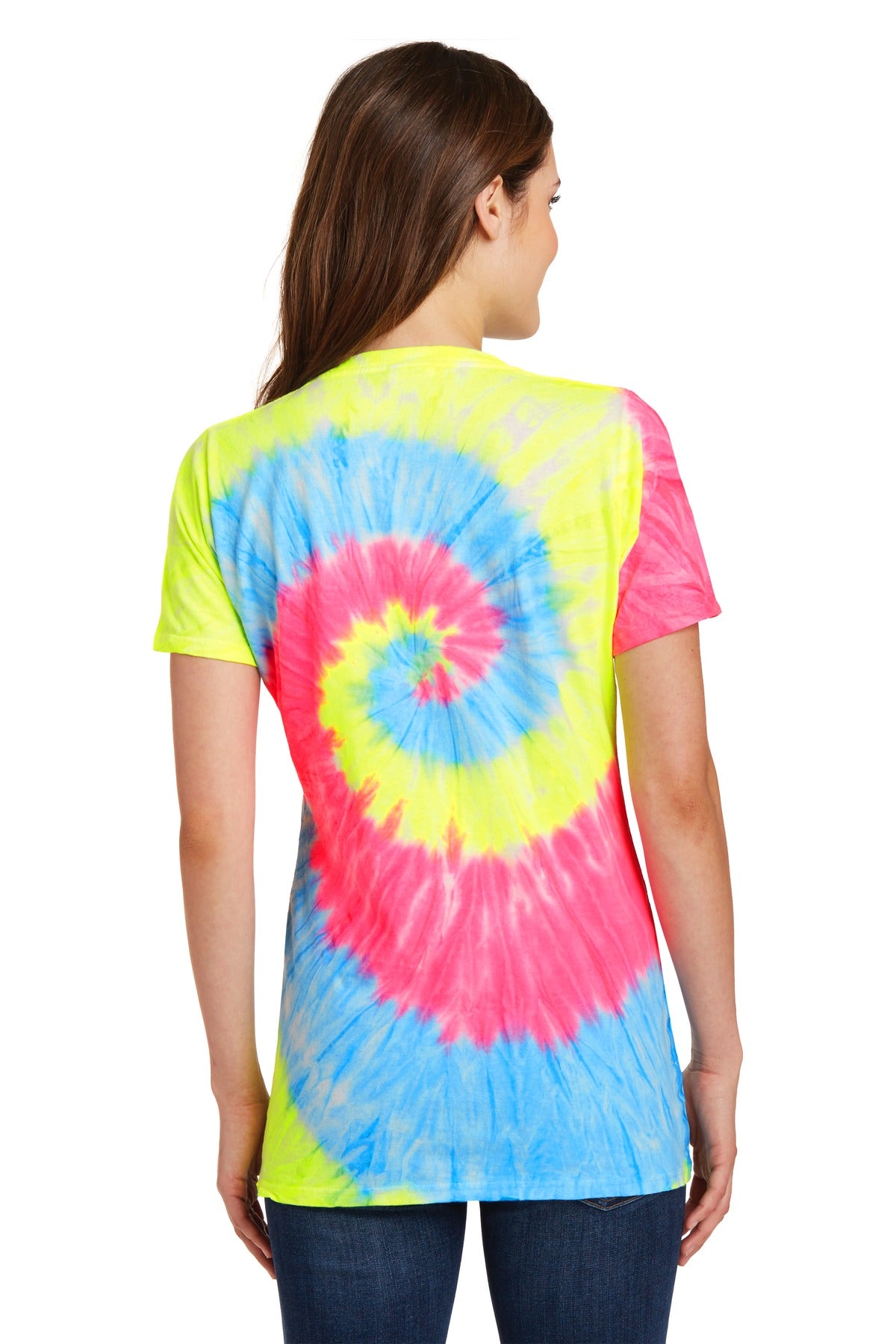 Rear View of Neon Rainbow Port & Co Women's Tie-Dye V-Neck Tee. LPC147V plain
