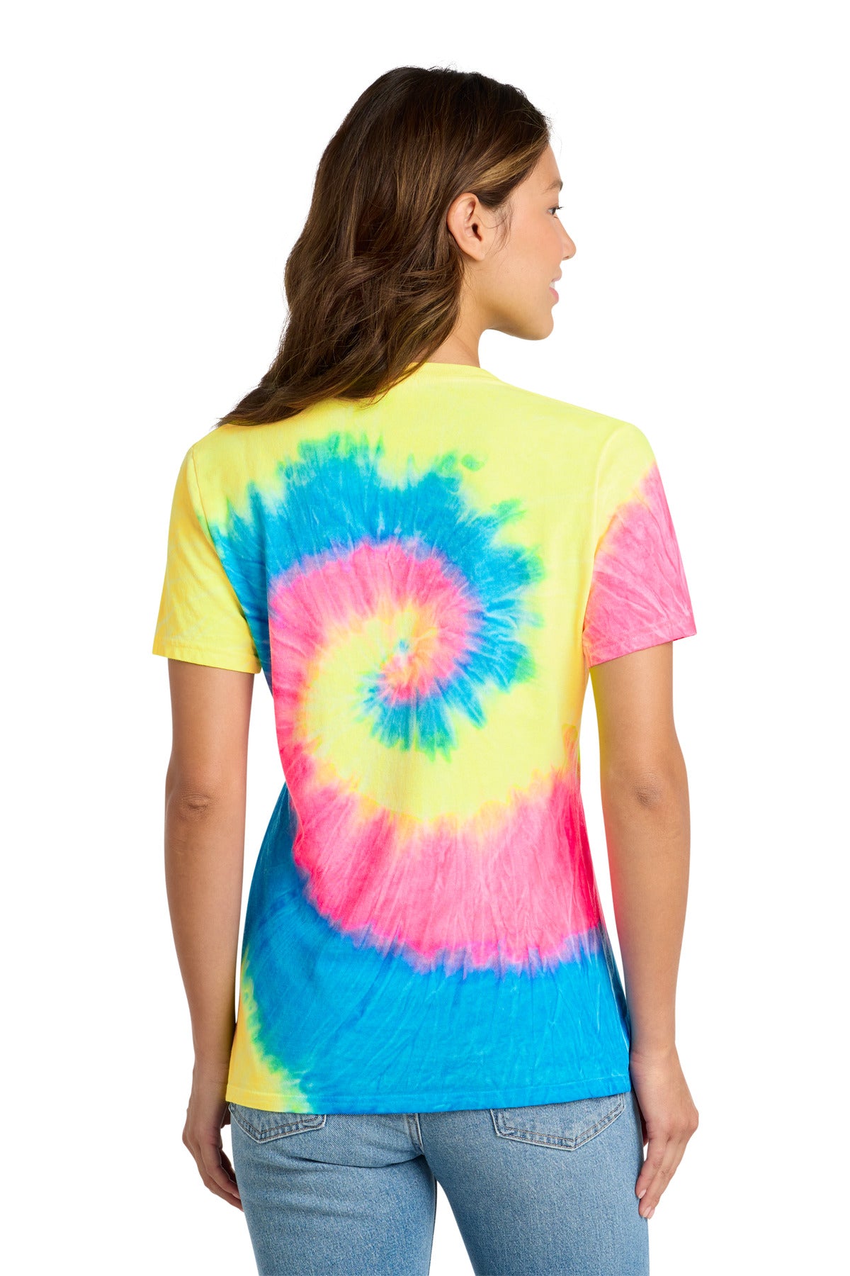 Rear View of Neon Rainbow Port & Co Women's Tie-Dye V-Neck Tee. LPC147V plain