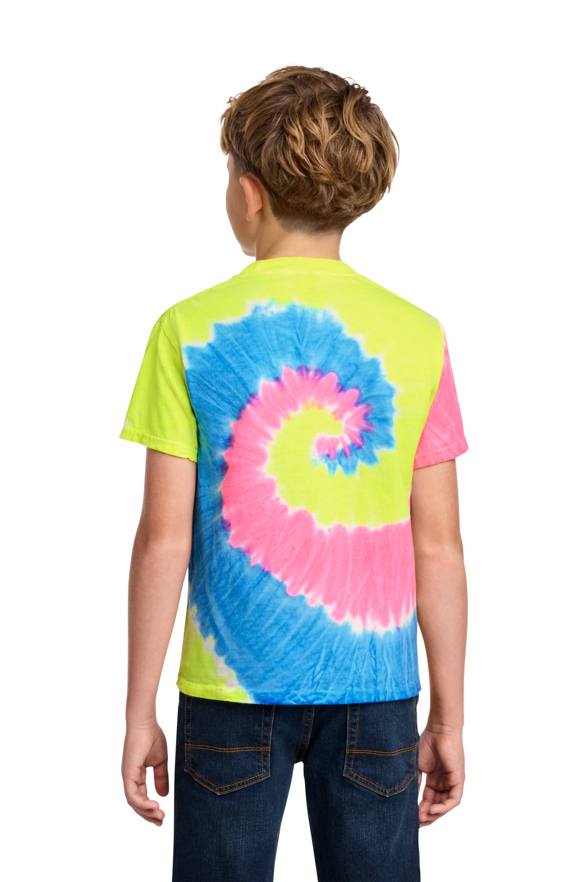 Rear View of Neon Rainbow Port & Co Youth Tie-Dye Tee. PC147Y plain