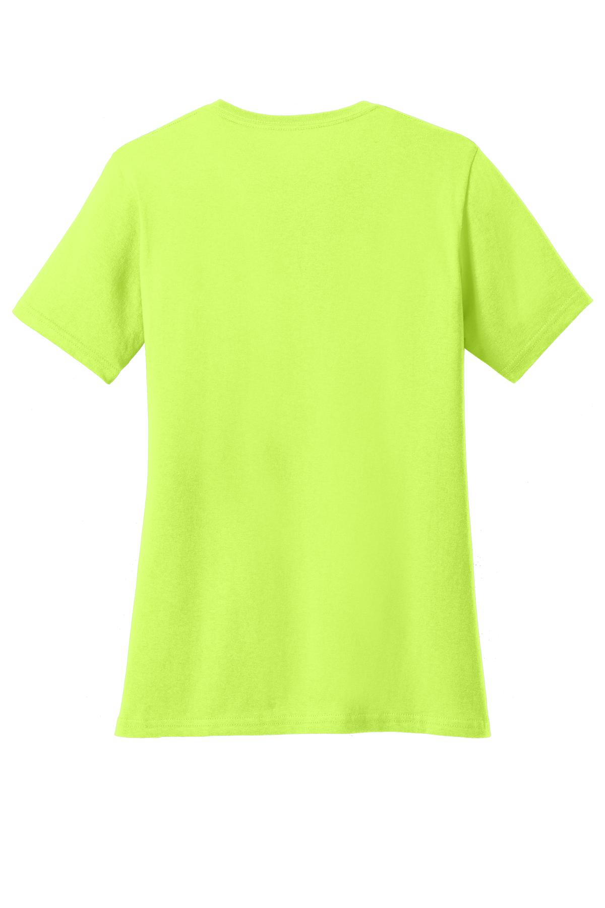 Rear View of Neon Yellow Port & Co Women's Core Cotton V-Neck Tee. LPC54V plain