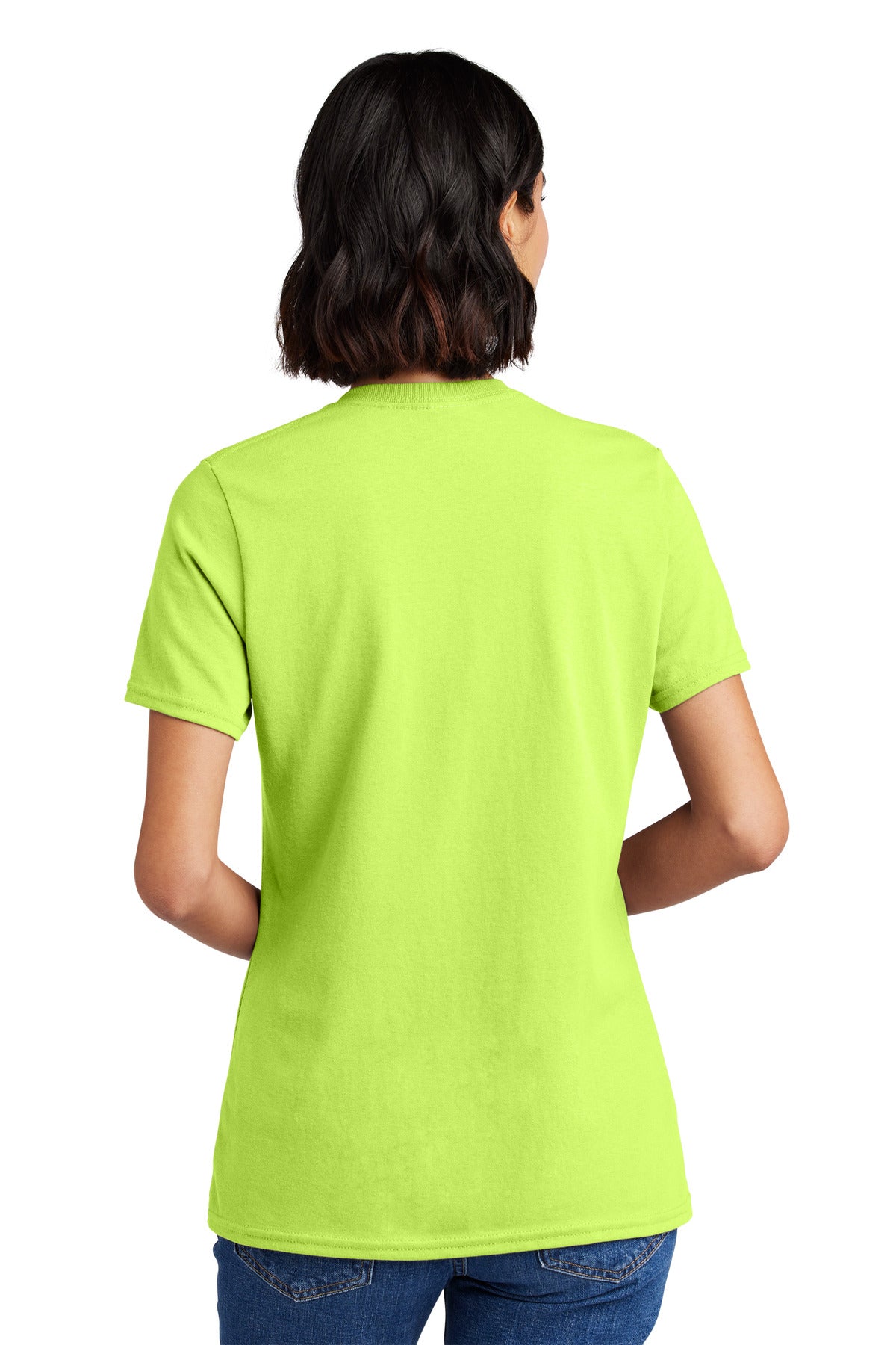Rear View of Neon Yellow Port & Co Women's Core Cotton V-Neck Tee. LPC54V plain