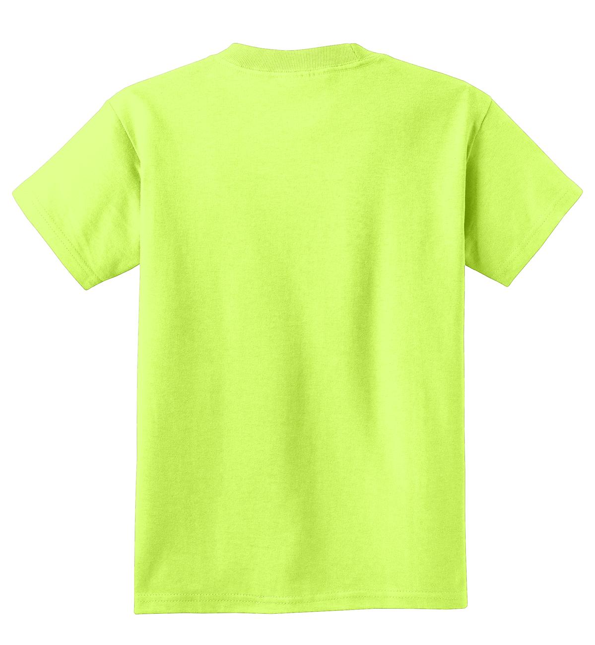 Rear View of Neon Yellow Port & Co Youth Core Cotton Tee. PC54Y plain
