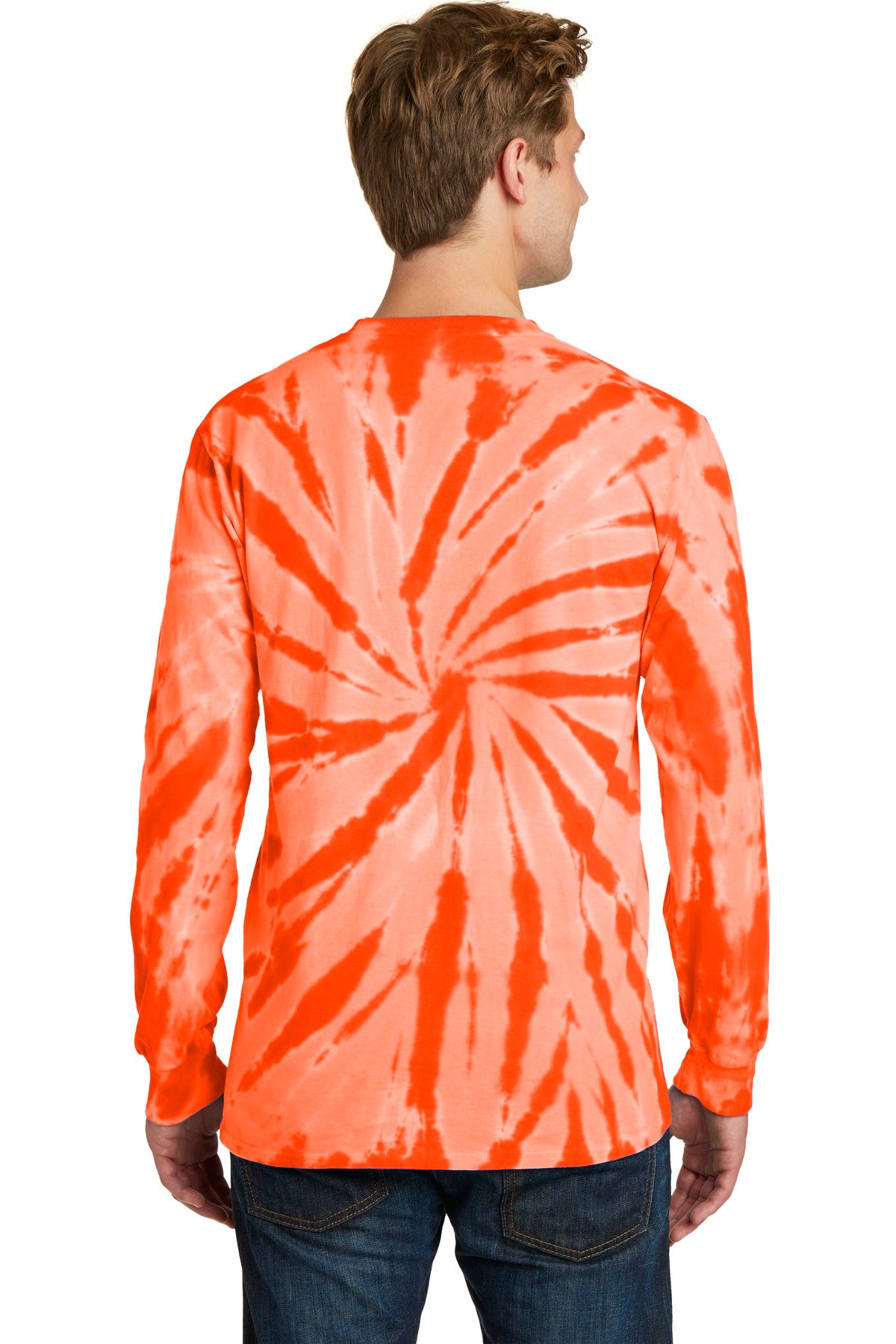 Rear View of Orange Port & Co Tie-Dye Long Sleeve Tee. PC147LS plain