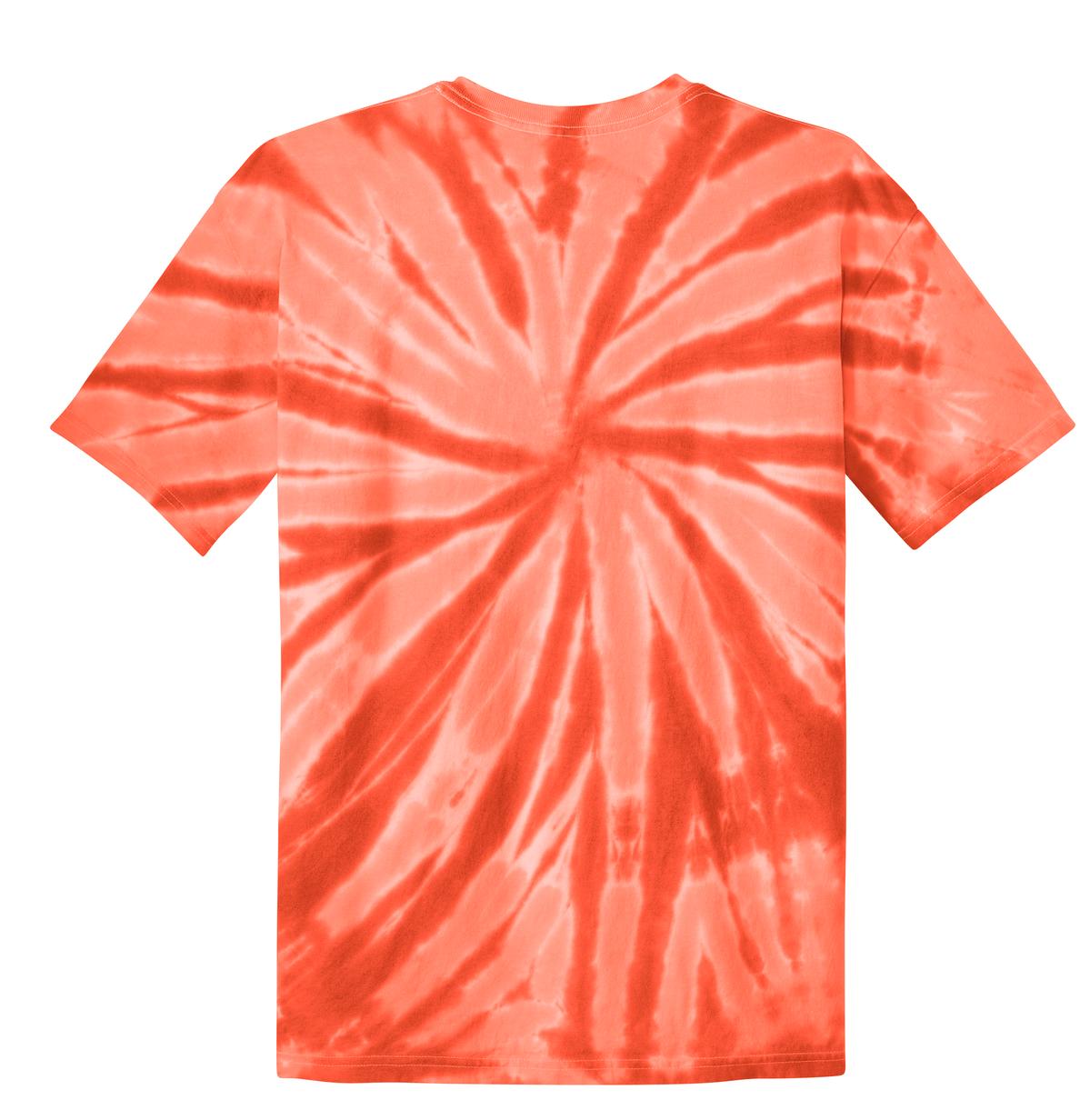 Rear View of Orange Port & Co Tie-Dye Tee. PC147 plain