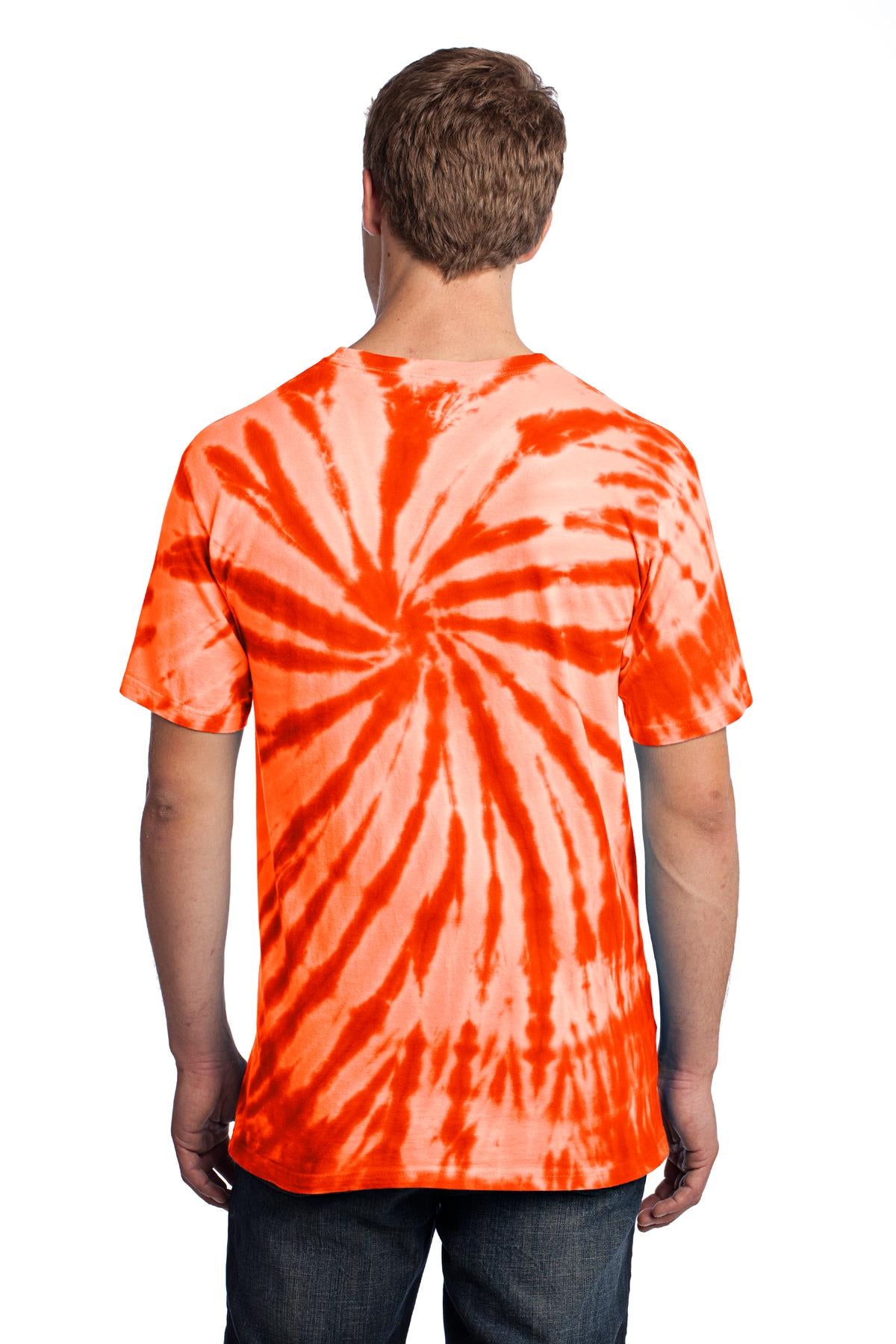 Rear View of Orange Port & Co Tie-Dye Tee. PC147 plain
