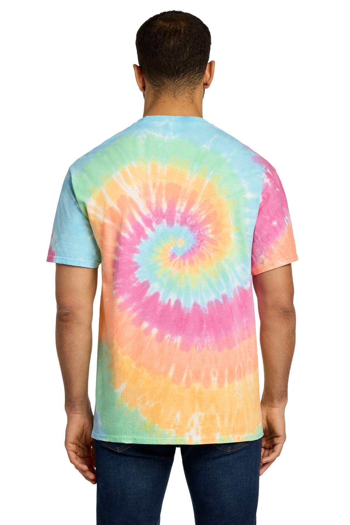 Rear View of Pastel Rainbow Port & Co Tie-Dye Tee. PC147 plain