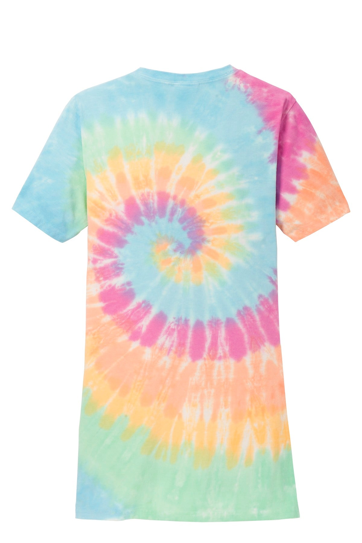 Rear View of Pastel Rainbow Port & Co Women's Tie-Dye V-Neck Tee. LPC147V plain