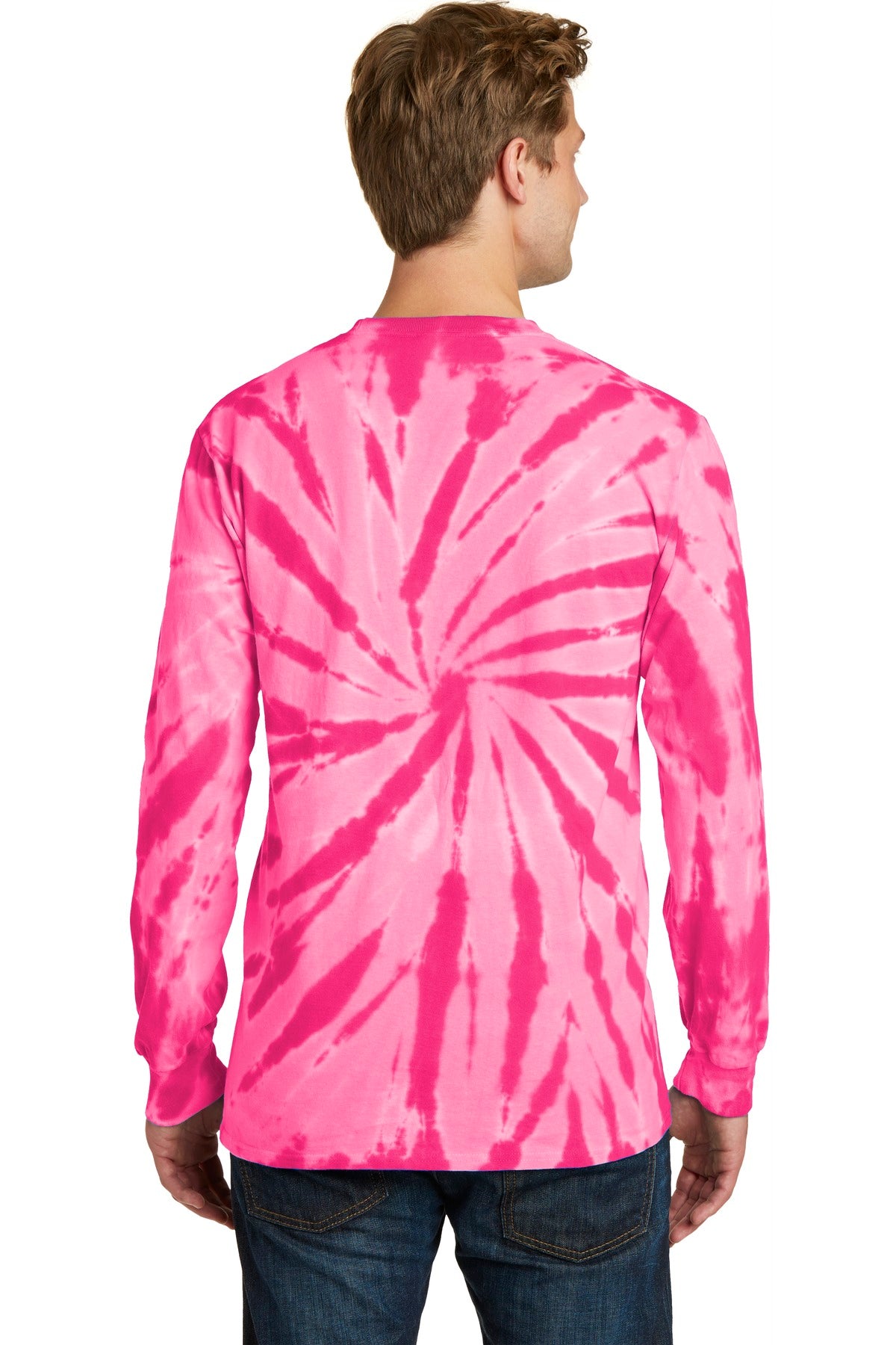 Rear View of Pink Port & Co Tie-Dye Long Sleeve Tee. PC147LS plain