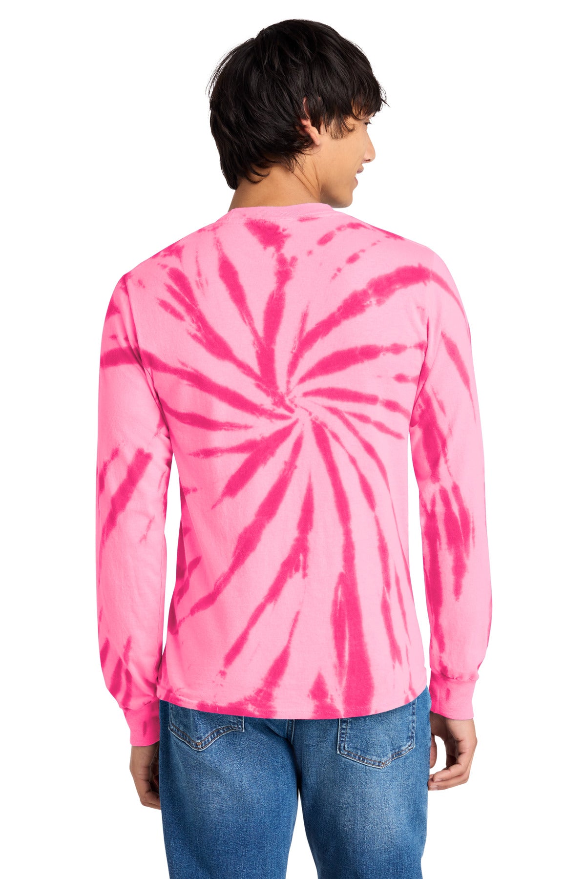 Rear View of Pink Port & Co Tie-Dye Long Sleeve Tee. PC147LS plain