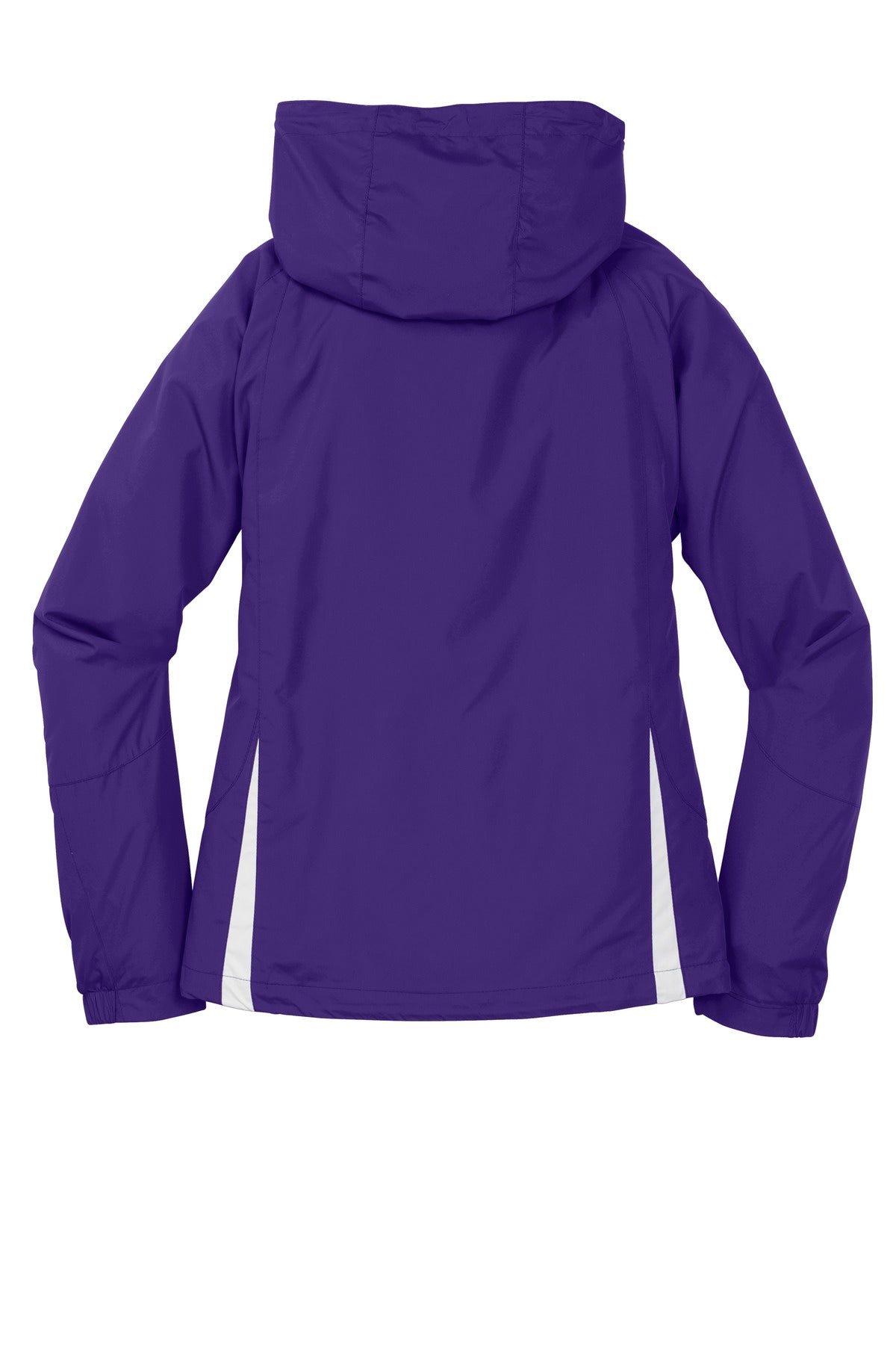 Rear View of Purple/White Sport-Tek Women's Colorblock Hooded Raglan Jacket. LST76 plain