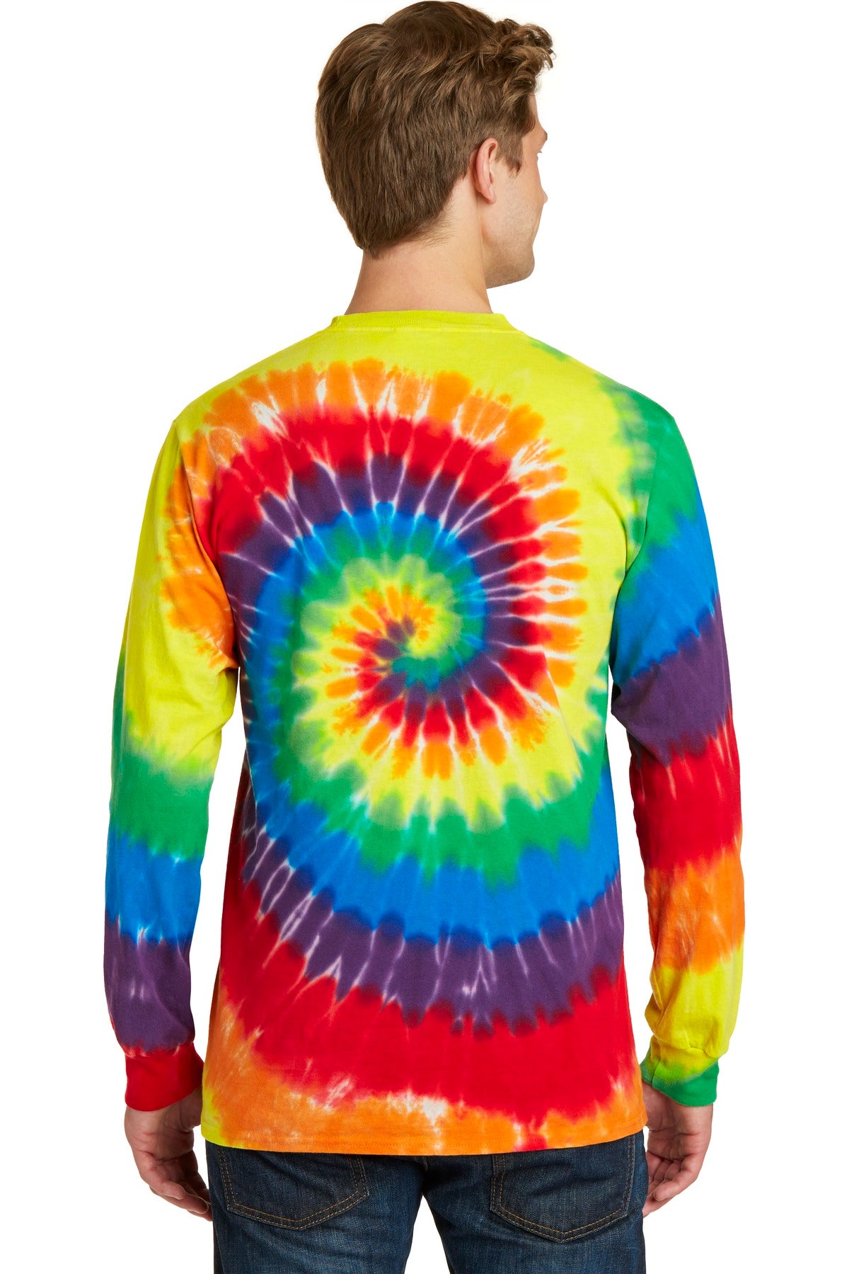 Rear View of Rainbow Port & Co Tie-Dye Long Sleeve Tee. PC147LS plain