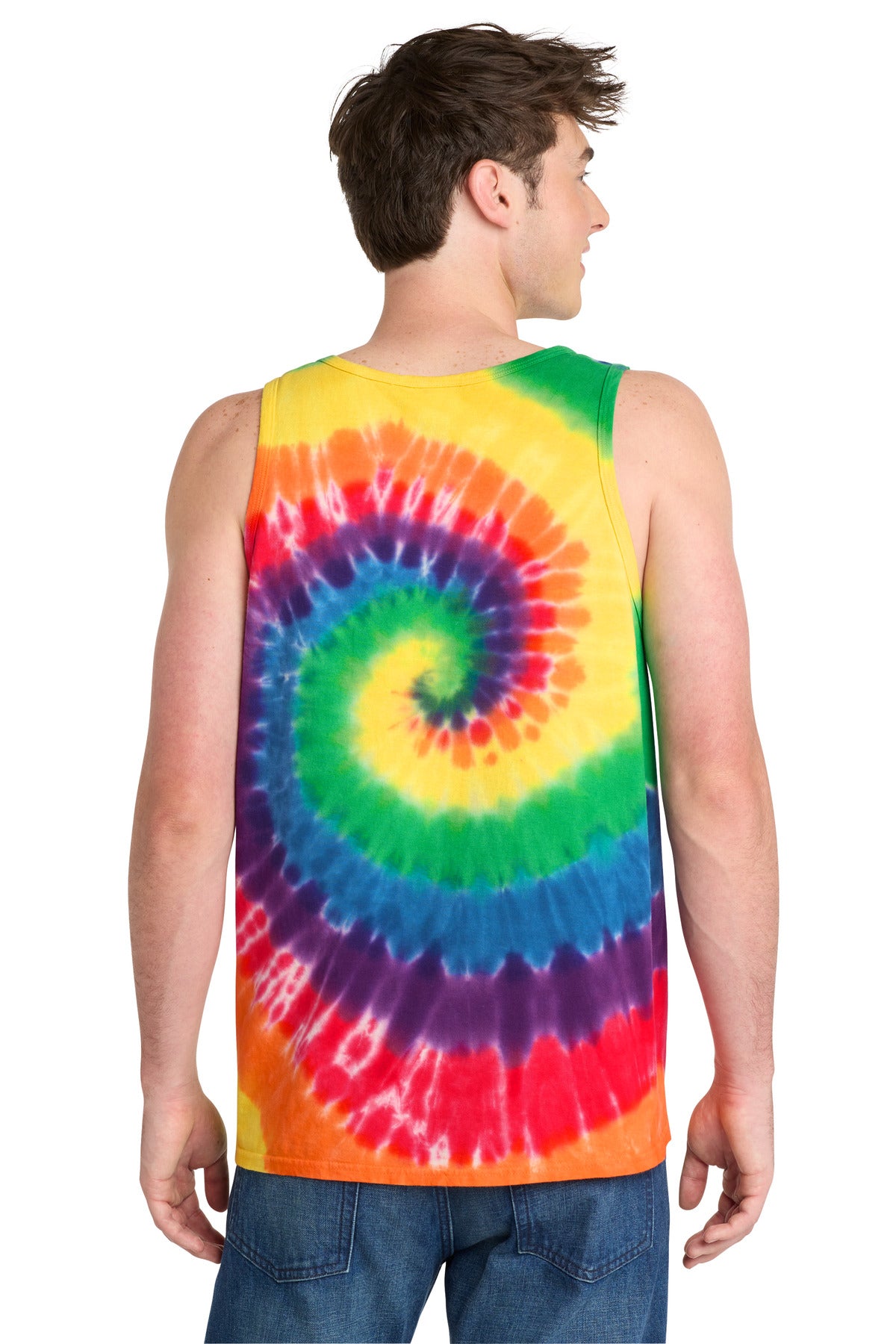 Rear View of Rainbow Port & Co Tie-Dye Tank Top. PC147TT plain