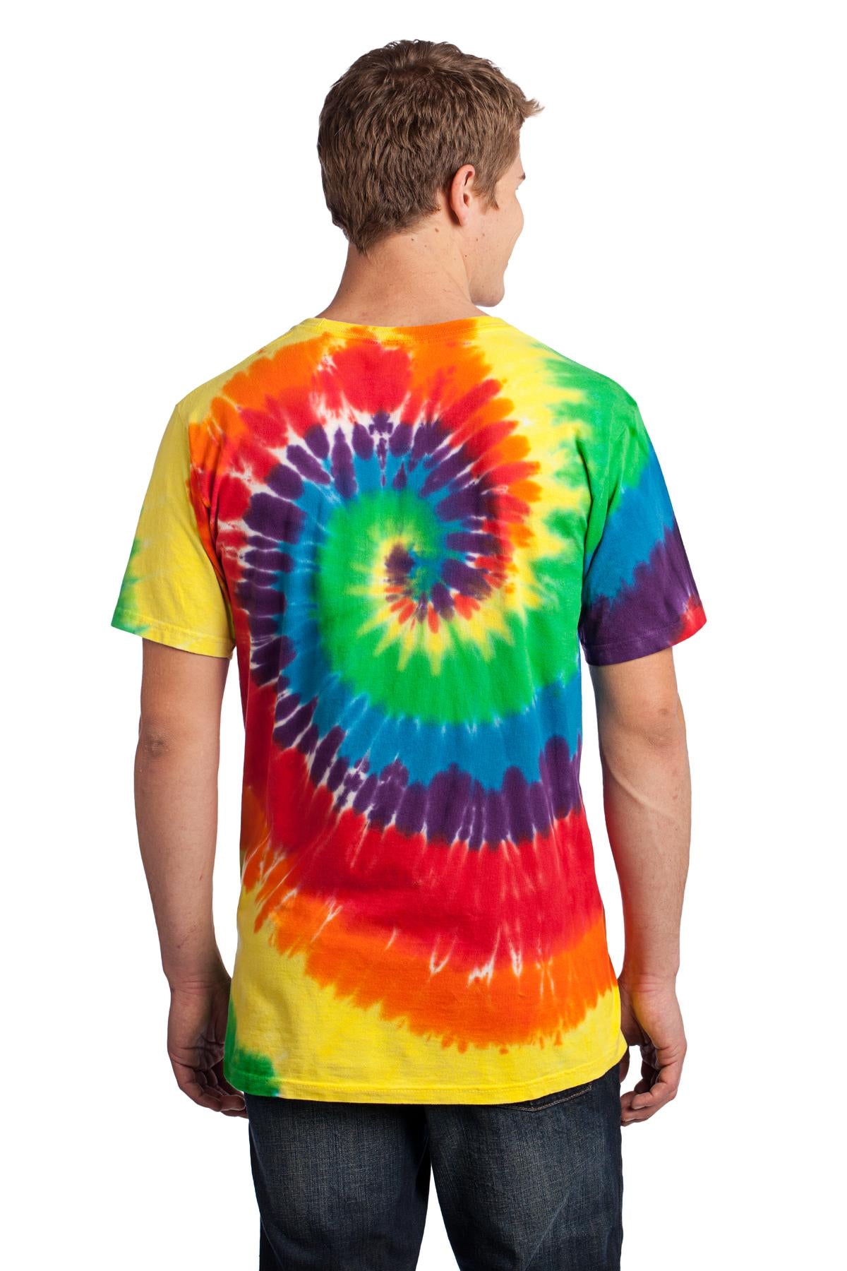 Rear View of Rainbow Port & Co Tie-Dye Tee. PC147 plain