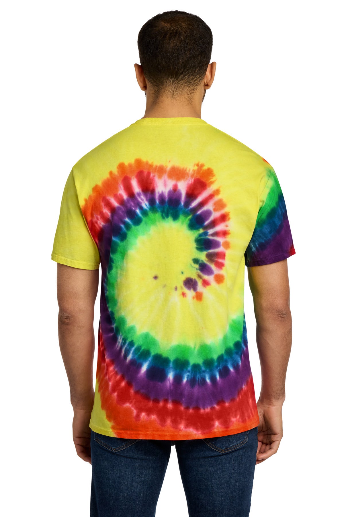 Rear View of Rainbow Port & Co Tie-Dye Tee. PC147 plain