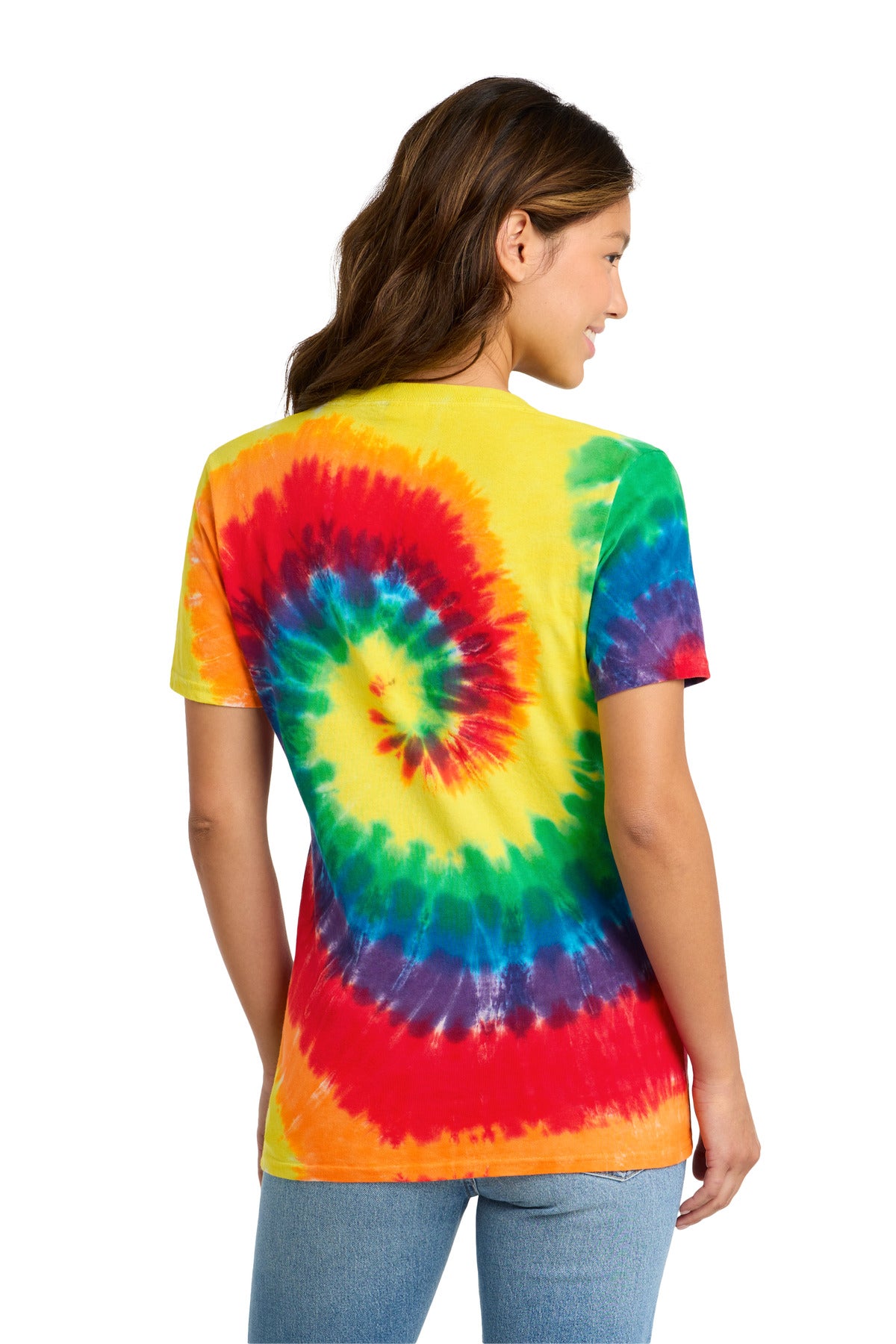 Rear View of Rainbow Port & Co Women's Tie-Dye V-Neck Tee. LPC147V plain