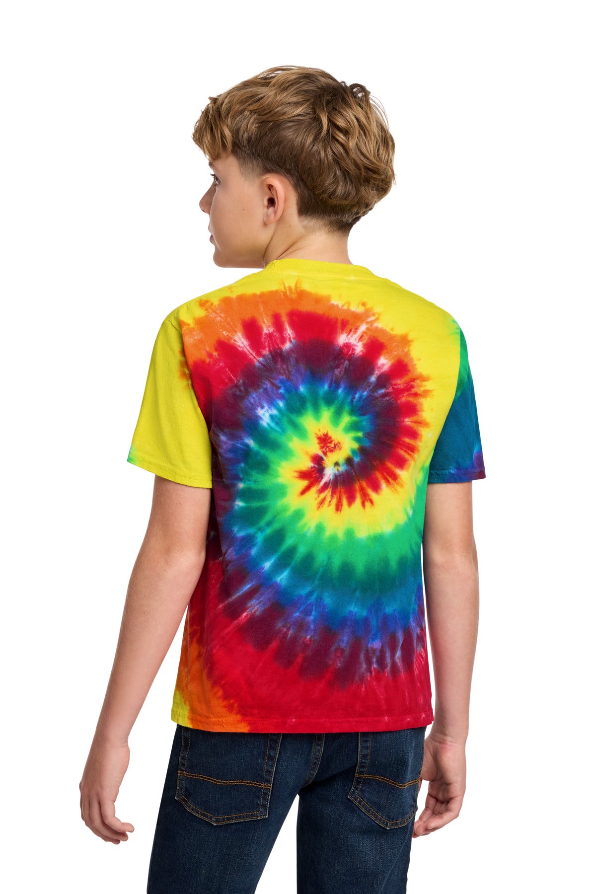 Rear View of Rainbow Port & Co Youth Tie-Dye Tee. PC147Y plain