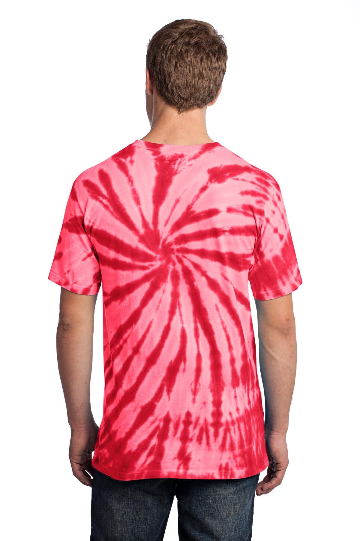 Rear View of Red Port & Co Tie-Dye Tee. PC147 plain
