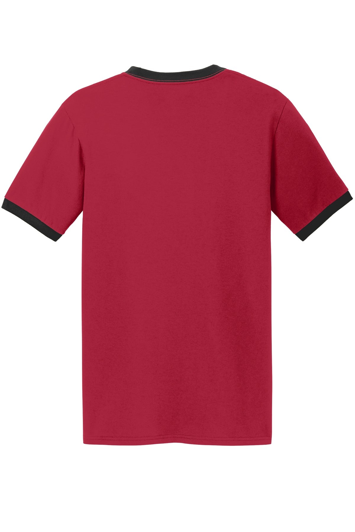 Rear View of Red/Jet Black Port & Co Core Cotton Ringer Tee. PC54R plain