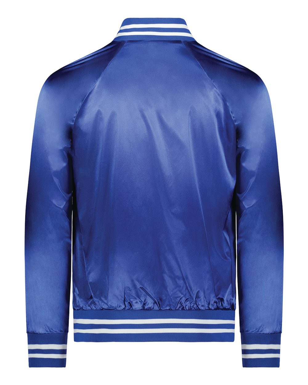 Rear View of Royal/ White Satin Baseball Jacket Striped Trim - 3610 plain