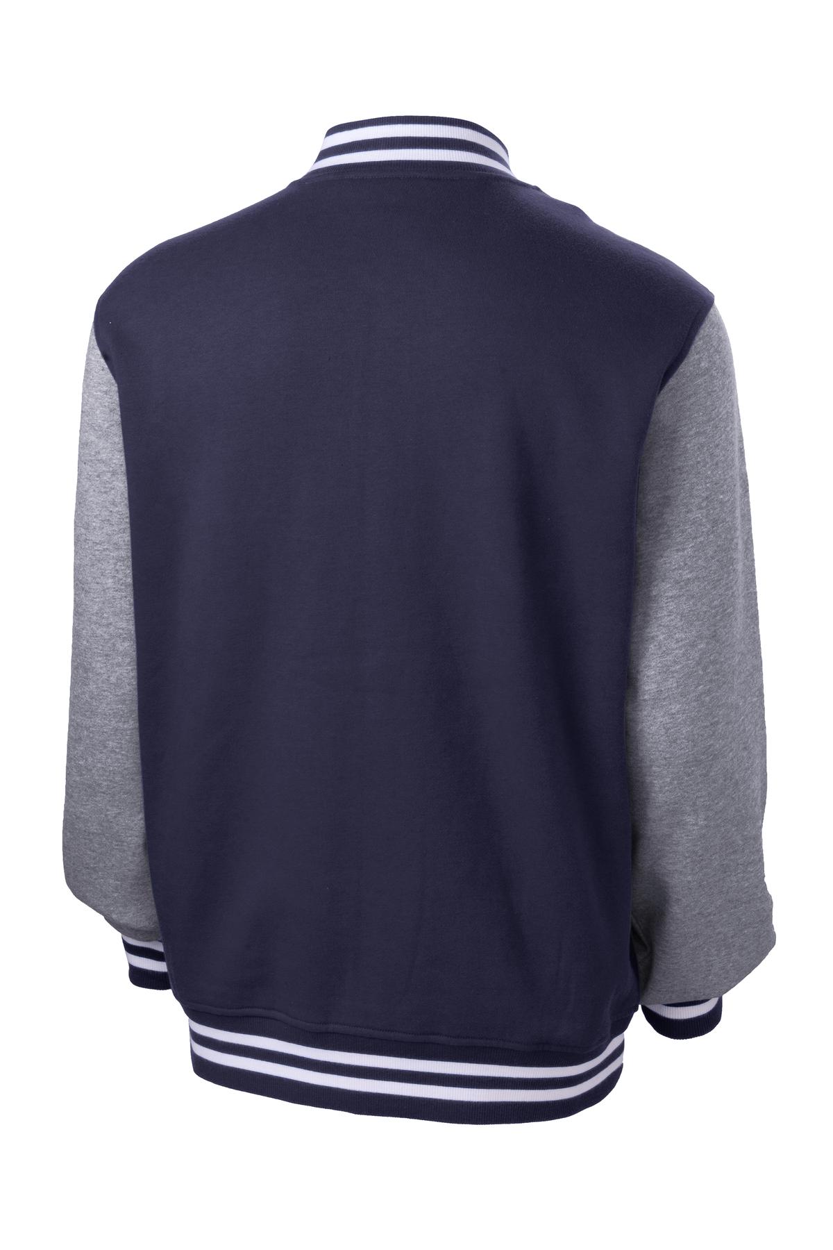 Rear View of Tr Navy/Vnt He Sport-Tek Fleece Letterman Jacket. ST270 plain