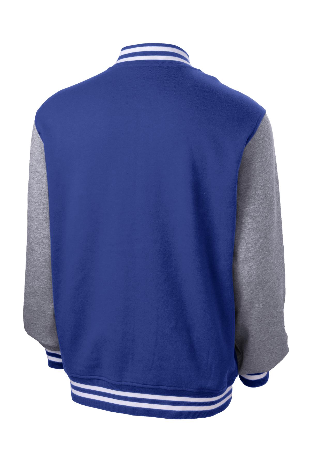Rear View of Tr Royal/VntHe Sport-Tek Fleece Letterman Jacket. ST270 plain