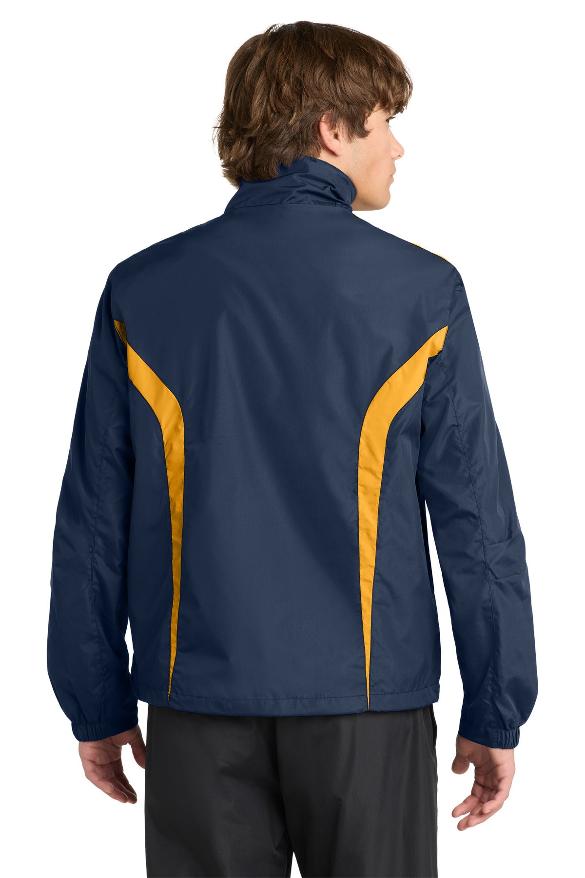 Rear View of True Navy/Gold Sport-Tek Colorblock Raglan Jacket. JST60 plain