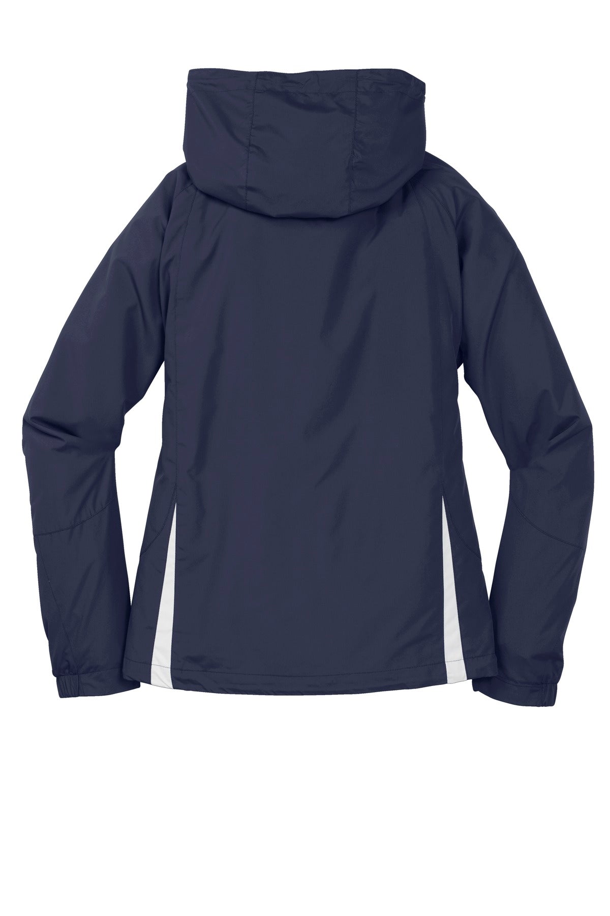 Rear View of True Navy/Wht Sport-Tek Women's Colorblock Hooded Raglan Jacket. LST76 plain