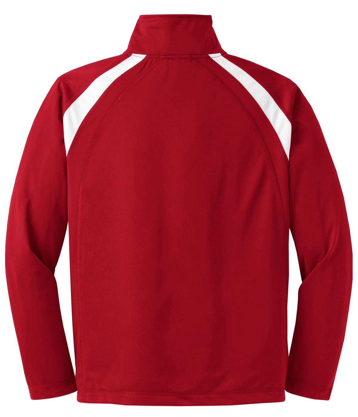 Rear View of True Red/White Sport-Tek Tricot Track Jacket. JST90 plain