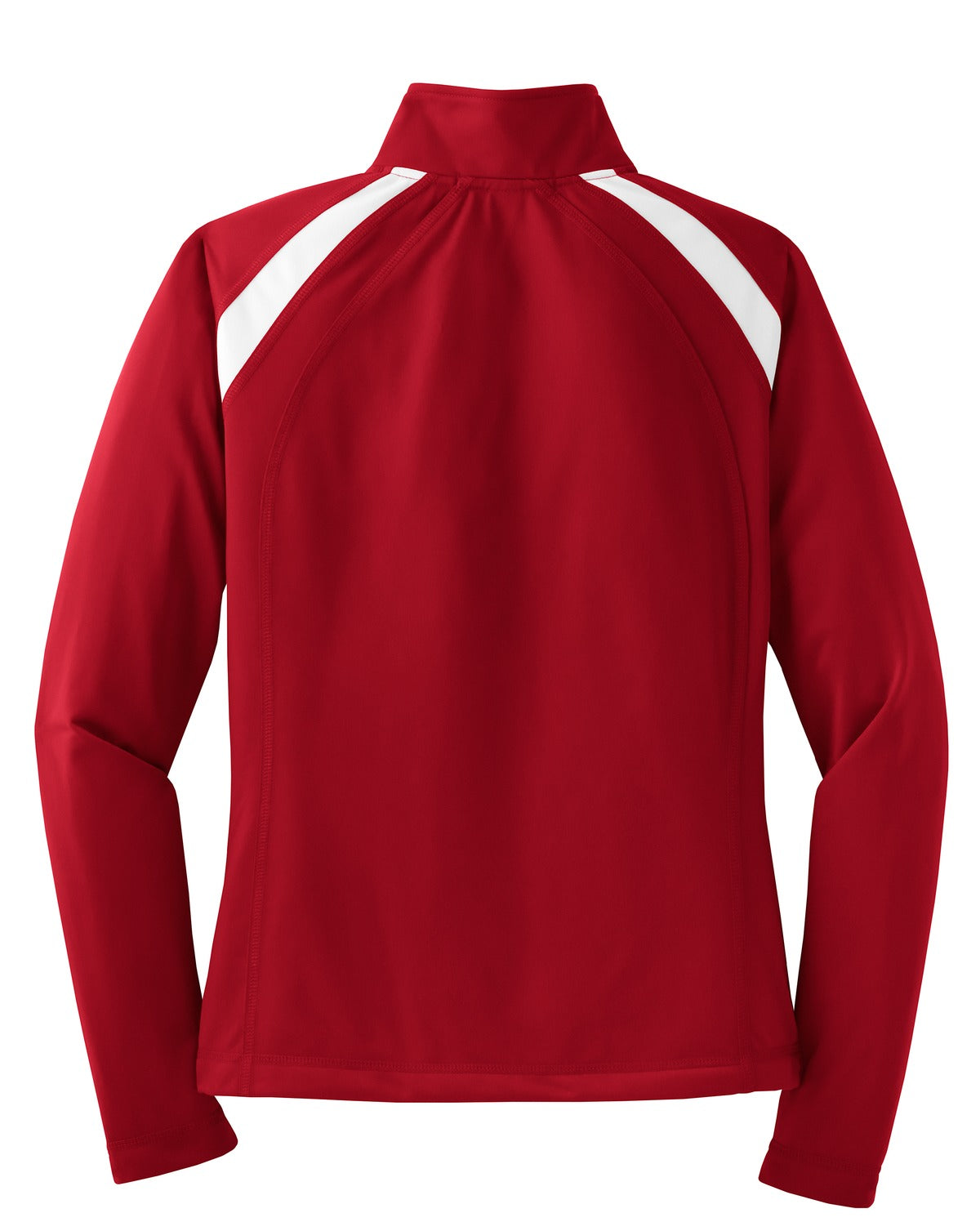 Rear View of True Red/White Sport-Tek Women's Tricot Track Jacket. LST90 plain