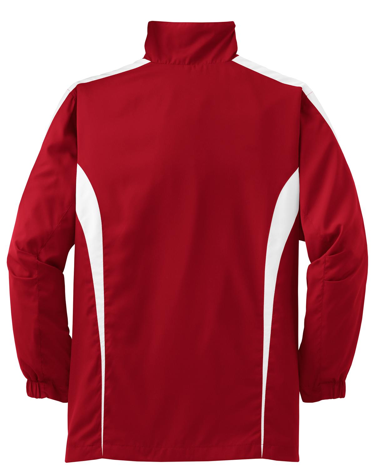 Rear View of True Red/White Sport-Tek Youth Colorblock Raglan Jacket. YST60 plain