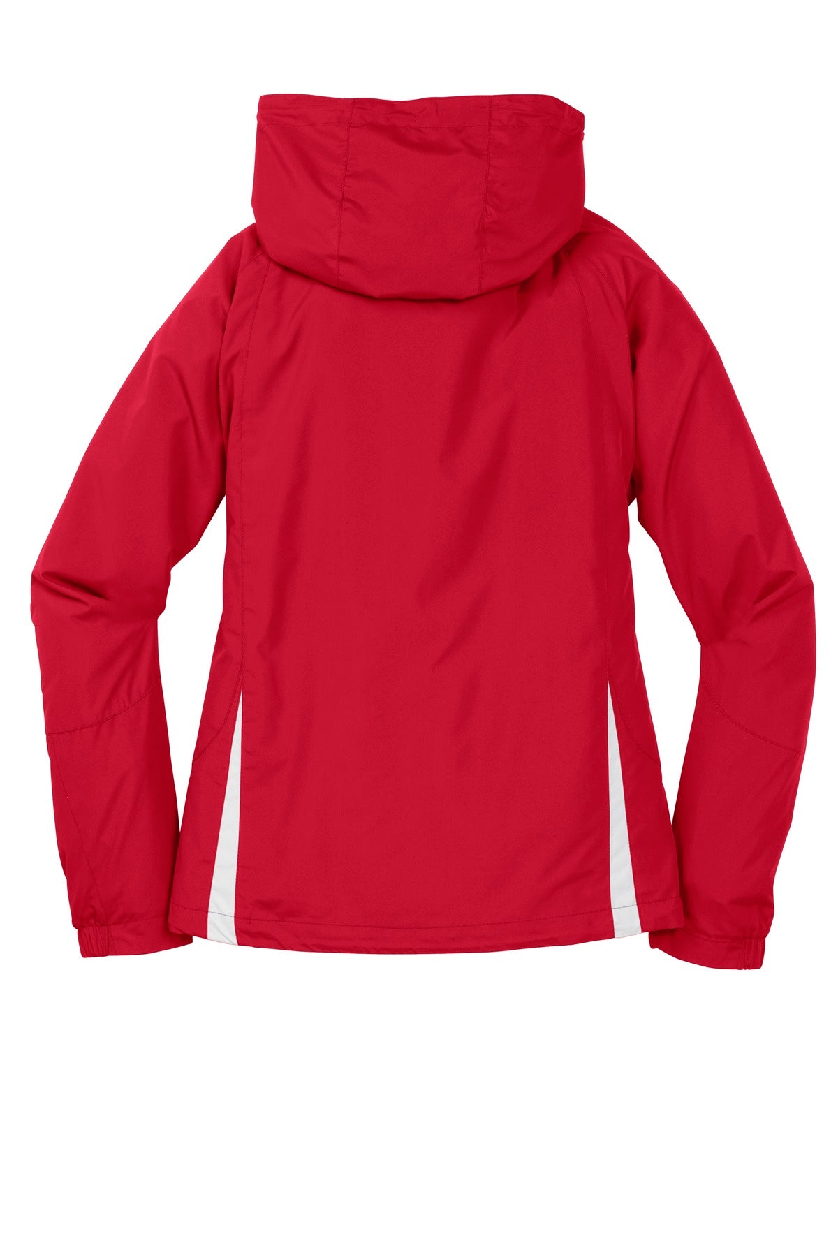 Rear View of True Red/Wht Sport-Tek Women's Colorblock Hooded Raglan Jacket. LST76 plain