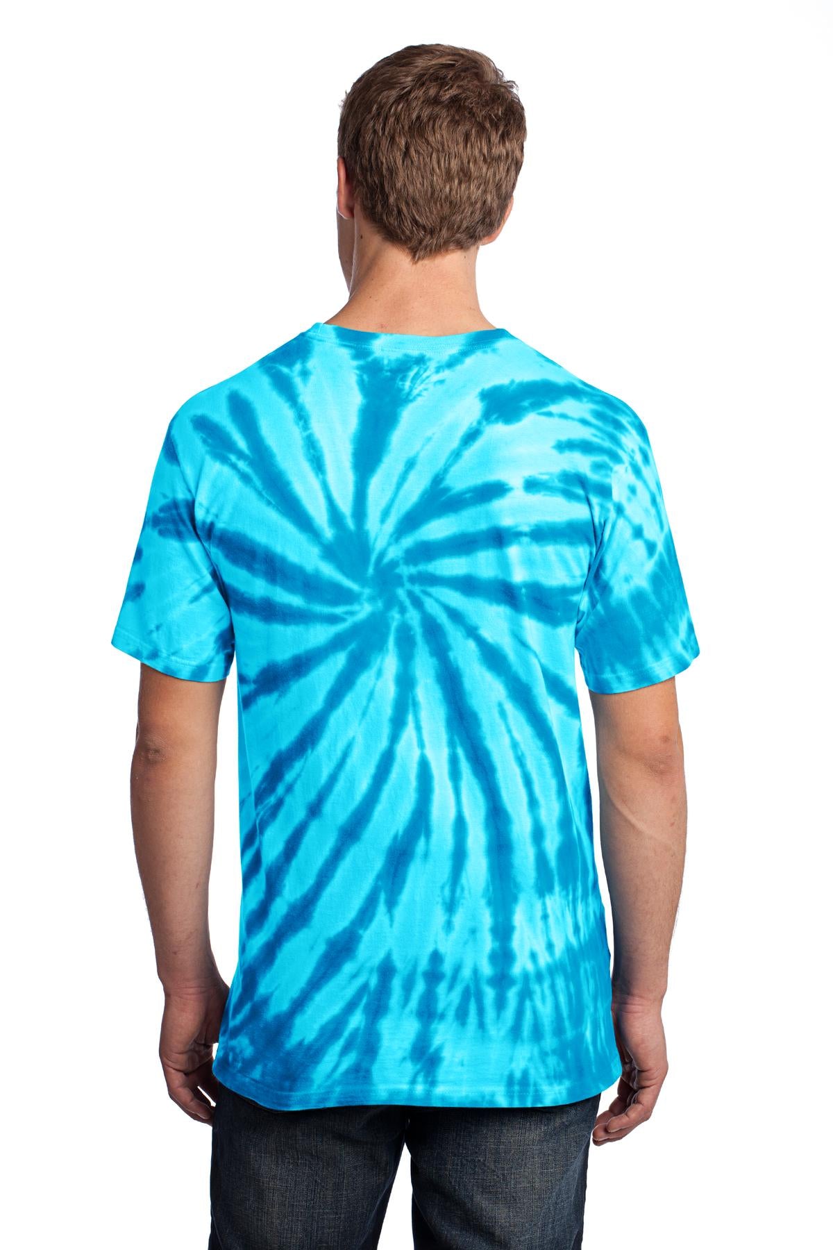 Rear View of Turquoise Port & Co Tie-Dye Tee. PC147 plain