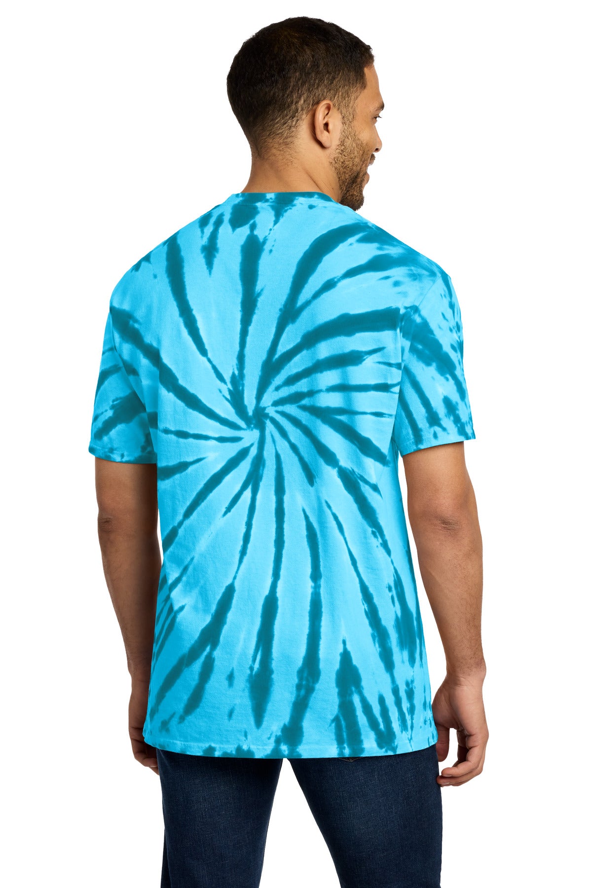 Rear View of Turquoise Port & Co Tie-Dye Tee. PC147 plain